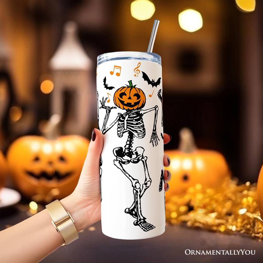 Left. OrnamentallyYou - Dancing Skeletons with Pumpkin Head 20oz Tumbler With Stainless Steel Straw, Halloween Gift Cup - Multicolored.