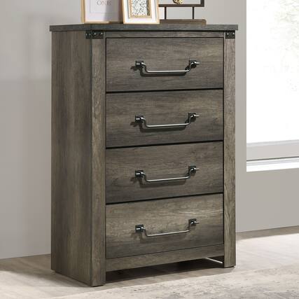 Front. TinyHomie - Rustic Style Farmhouse Look 1pc Chest Drop Handles Antique Brass Color Four English Dovetail Drawers Center Metal Glides - Gray and Rustic.