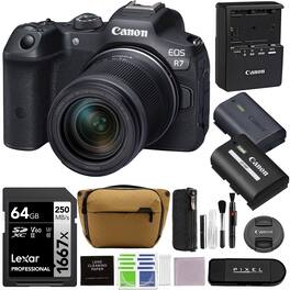 Bundle - Canon - EOS R7 Mirrorless Camera with 18-150mm Lens with Extra Battery +64GB SD Card + Camera Sling + More - Black