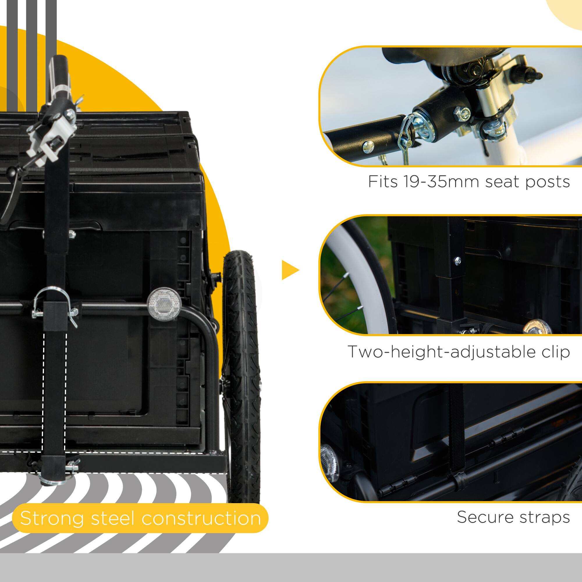 Fits 19-35mm seat posts  
Two-height-adjustable clip  
Strong steel construction  
Secure straps