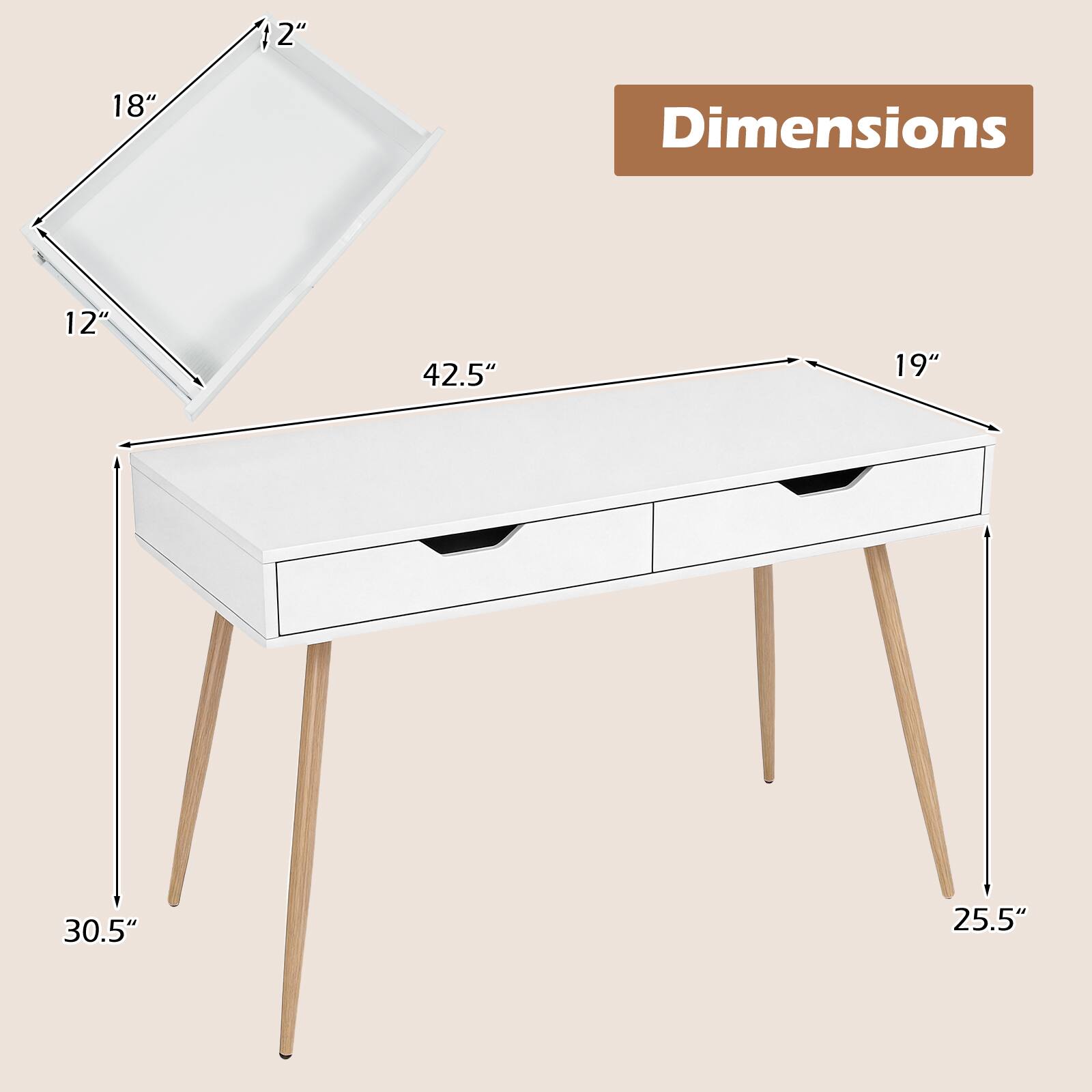 Dimensions: 12" x 18", 42.5" x 19", 30.5" x 25.5"