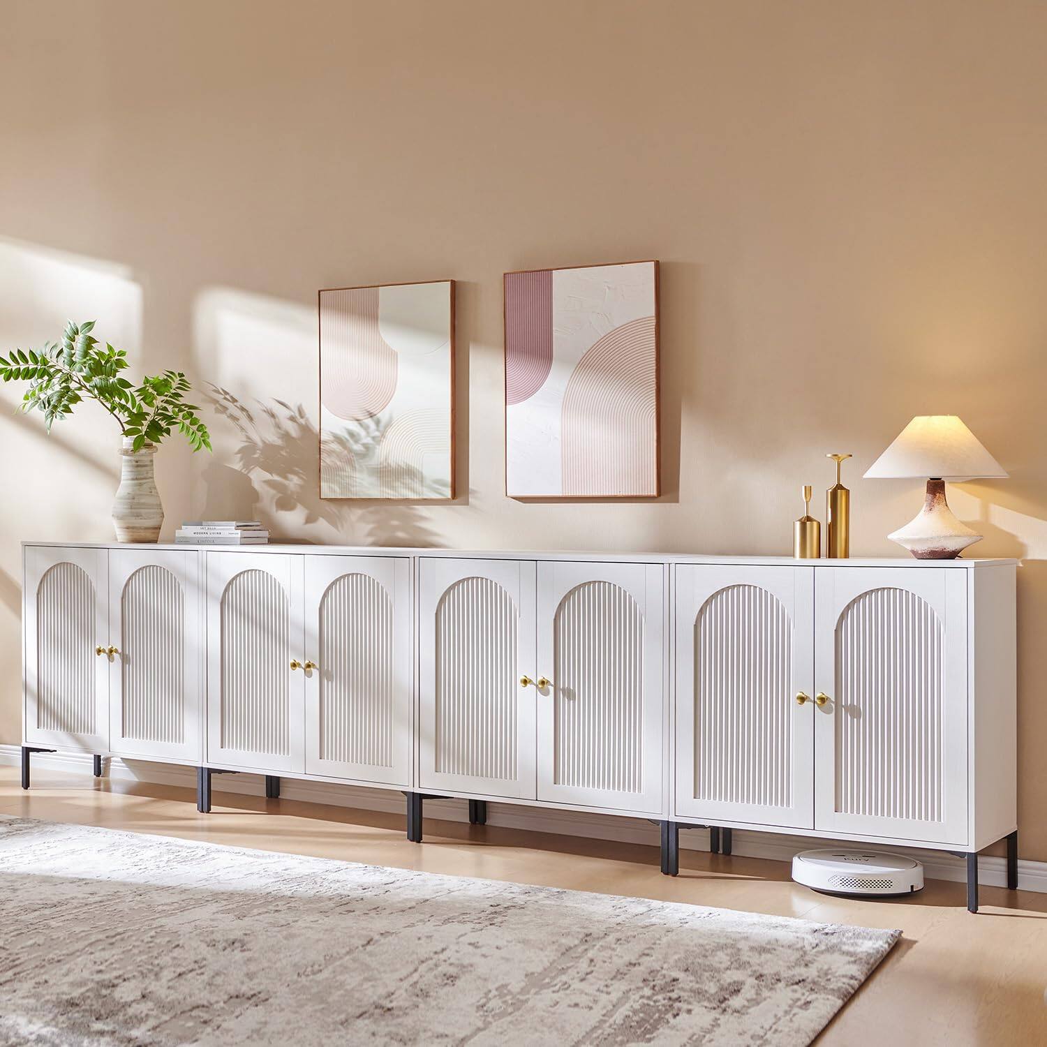 Front. OMOMMD - Fluted Arched Buffet Sideboard, Modular Coffee Bar with Adjustable Shelves - White 4 Pieces.