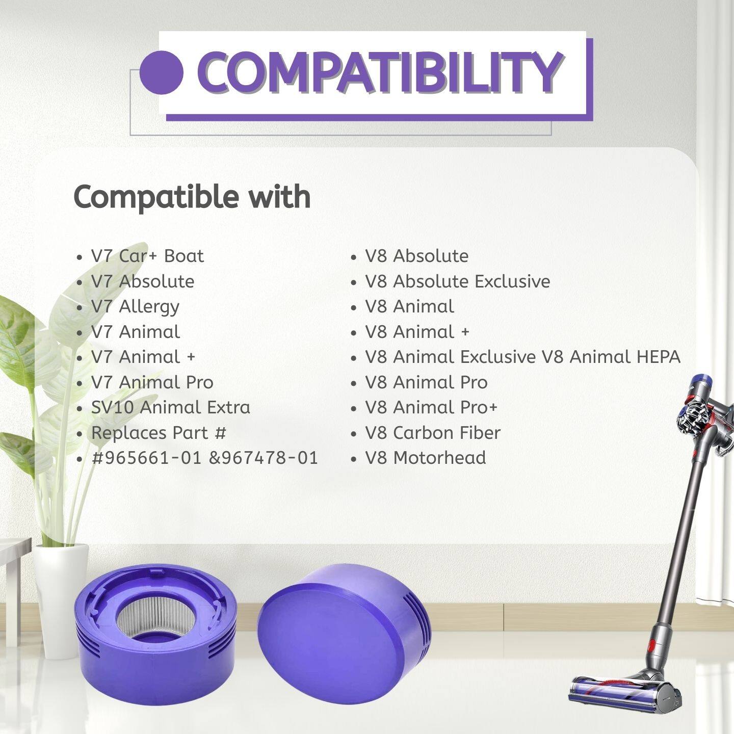 COMPATIBILITY

Compatible with

- V7 Car+ Boat
- V7 Absolute
- V7 Allergy
- V7 Animal
- V7 Animal +
- V7 Animal Pro
- SV10 Animal Extra
- Replaces Part # #965661-01 &967478-01

- V8 Absolute
- V8 Absolute Exclusive
- V8 Animal
- V8 Animal +
- V8 Animal Exclusive V8 Animal HEPA
- V8 Animal Pro
- V8 Animal Pro+
- V8 Carbon Fiber
- V8 Motorhead