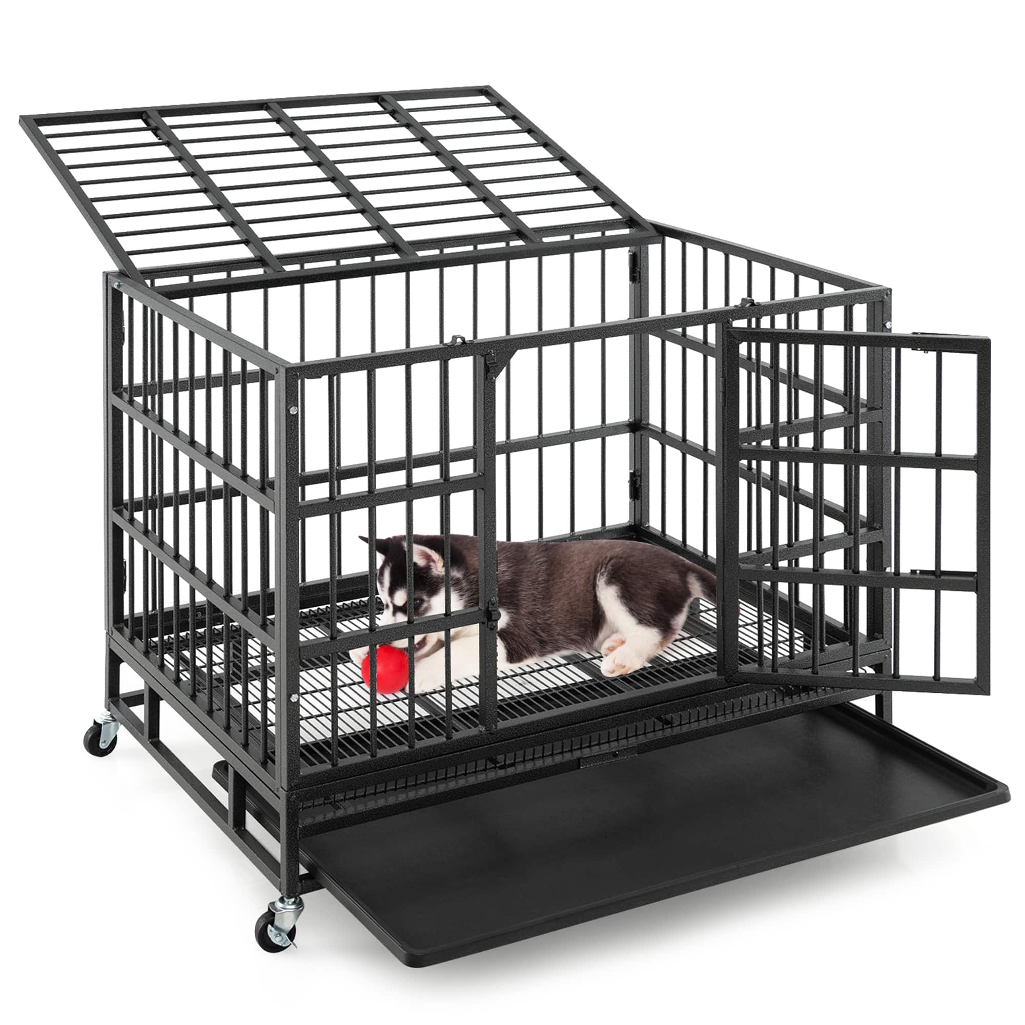 Gymax - 38'' Foldable Heavy-Duty Metal Dog Cage W/ Lockable Rolling Casters Black