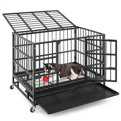 Front. Gymax - Gymax 38'' Foldable Heavy-Duty Metal Dog Cage W/ Lockable Rolling Casters Black.