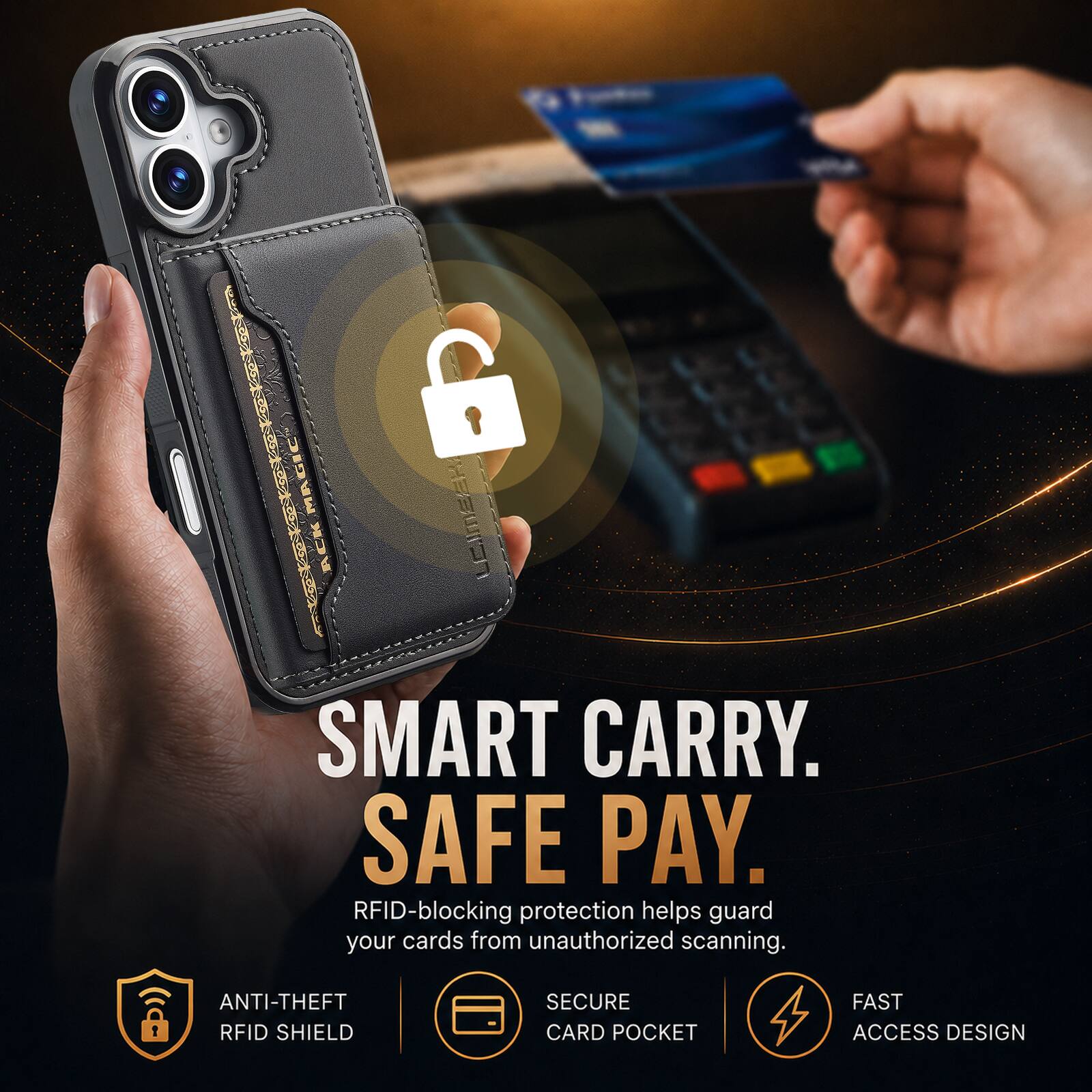 SMART CARRY. SAFE PAY.  
RFID-blocking protection helps guard your cards from unauthorized scanning.  
ANTI-THEFT RFID SHIELD  
SECURE CARD POCKET  
FAST ACCESS DESIGN