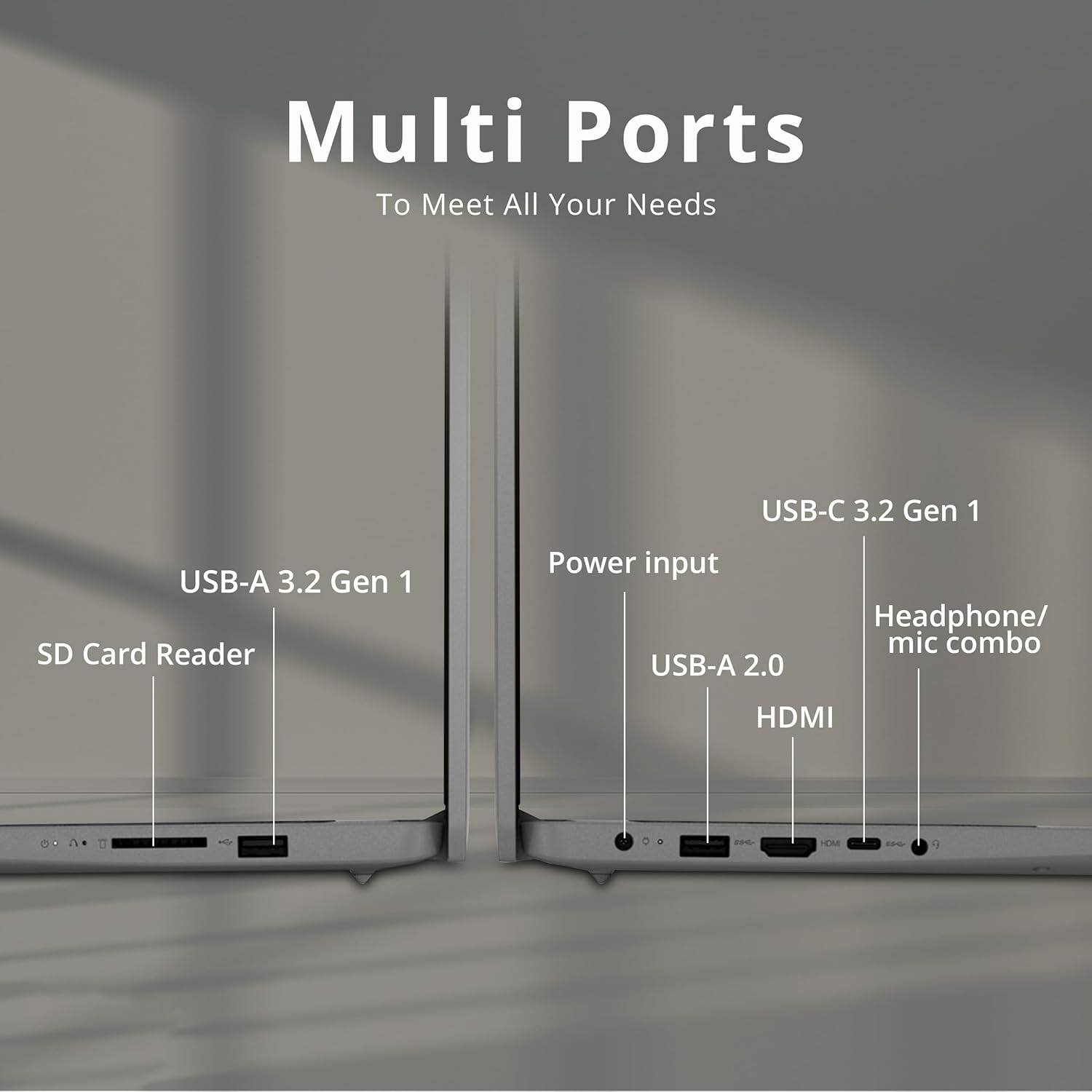 Multi Ports To Meet All Your Needs

- USB-C 3.2 Gen 1
- USB-A 3.2 Gen 1
- SD Card Reader
- Power input
- USB-A 2.0
- HDMI
- Headphone/ mic combo