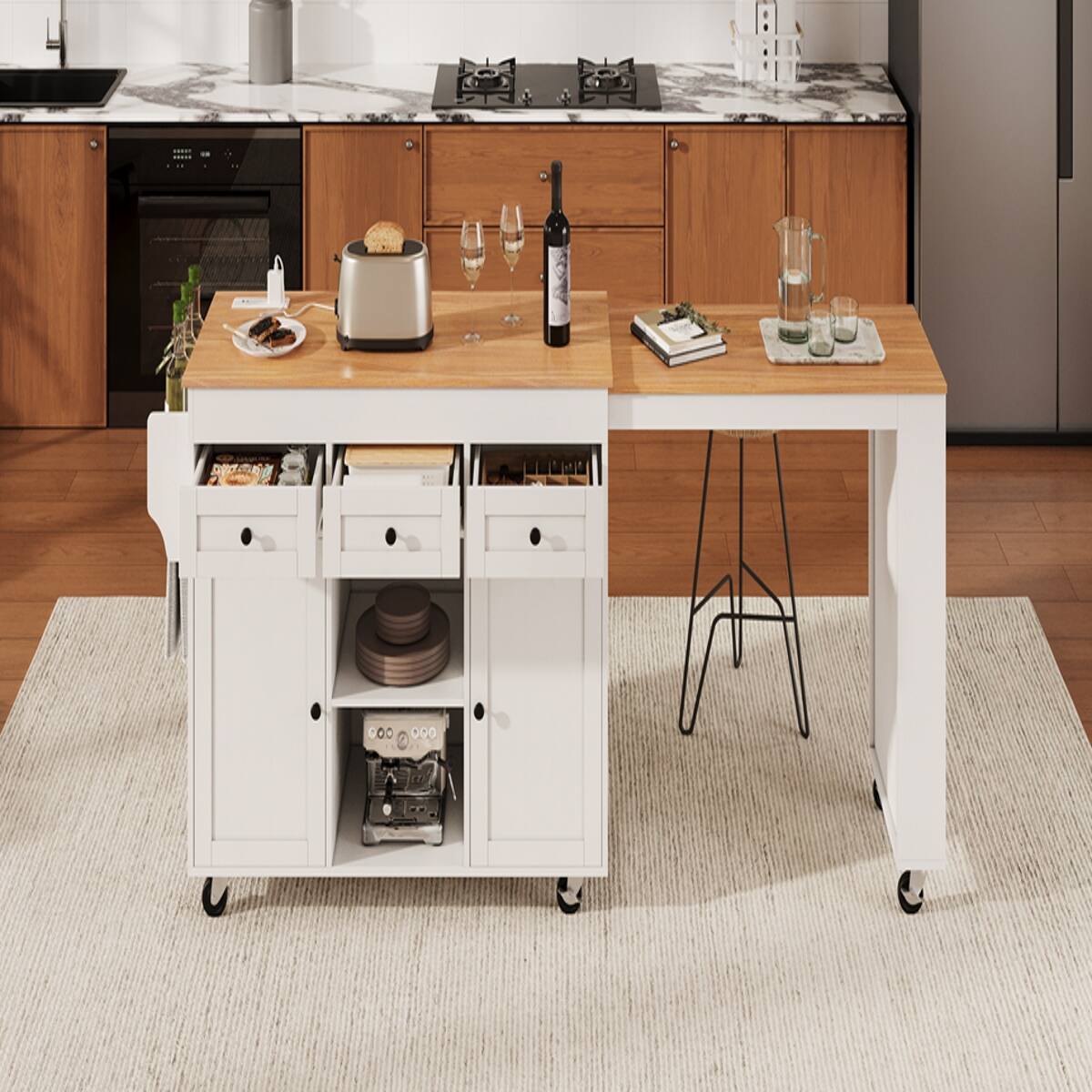Alt View 9. Loheer - Loheer 85.5" Kitchen Island with Extendable Dining Table, Rolling Kitchen Island with Power Outlet, White - White.