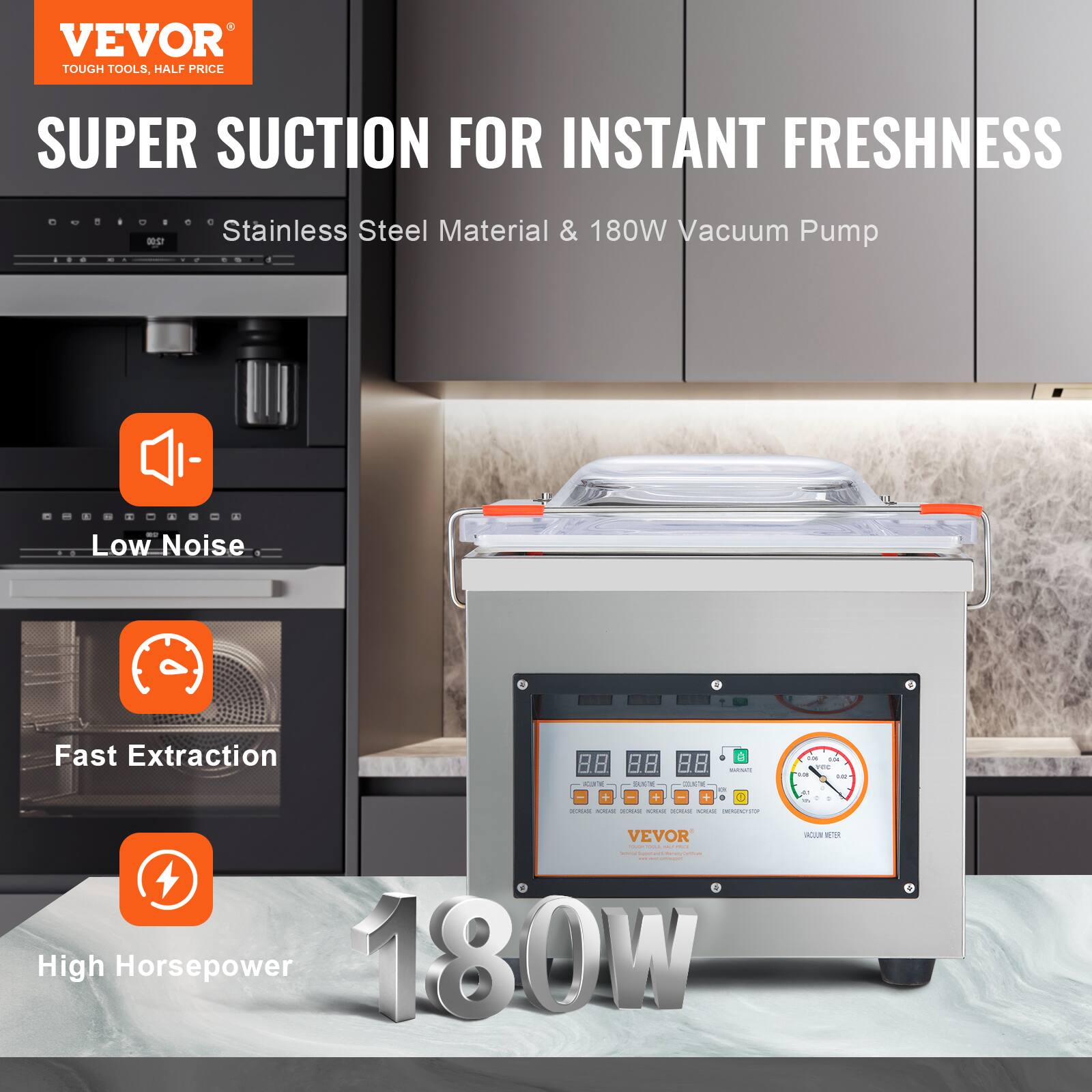 VEVOR TOUGH TOOLS HALF PRICE SUPER SUCTION FOR INSTANT FRESHNESS Stainless Steel Material & 180W Vacuum Pump - Low Noise - Fast Extraction - High Horsepower 180W