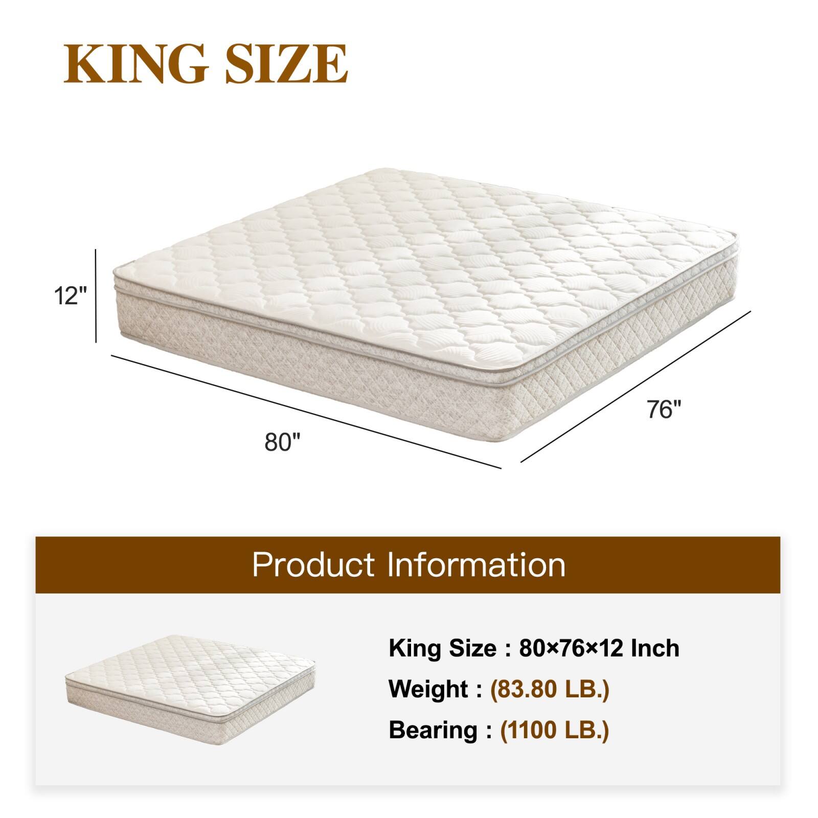 KING SIZE

12"  
80"  
76"

Product Information

King Size: 80x76x12 Inch  
Weight: (83.80 LB.)  
Bearing: (1100 LB.)