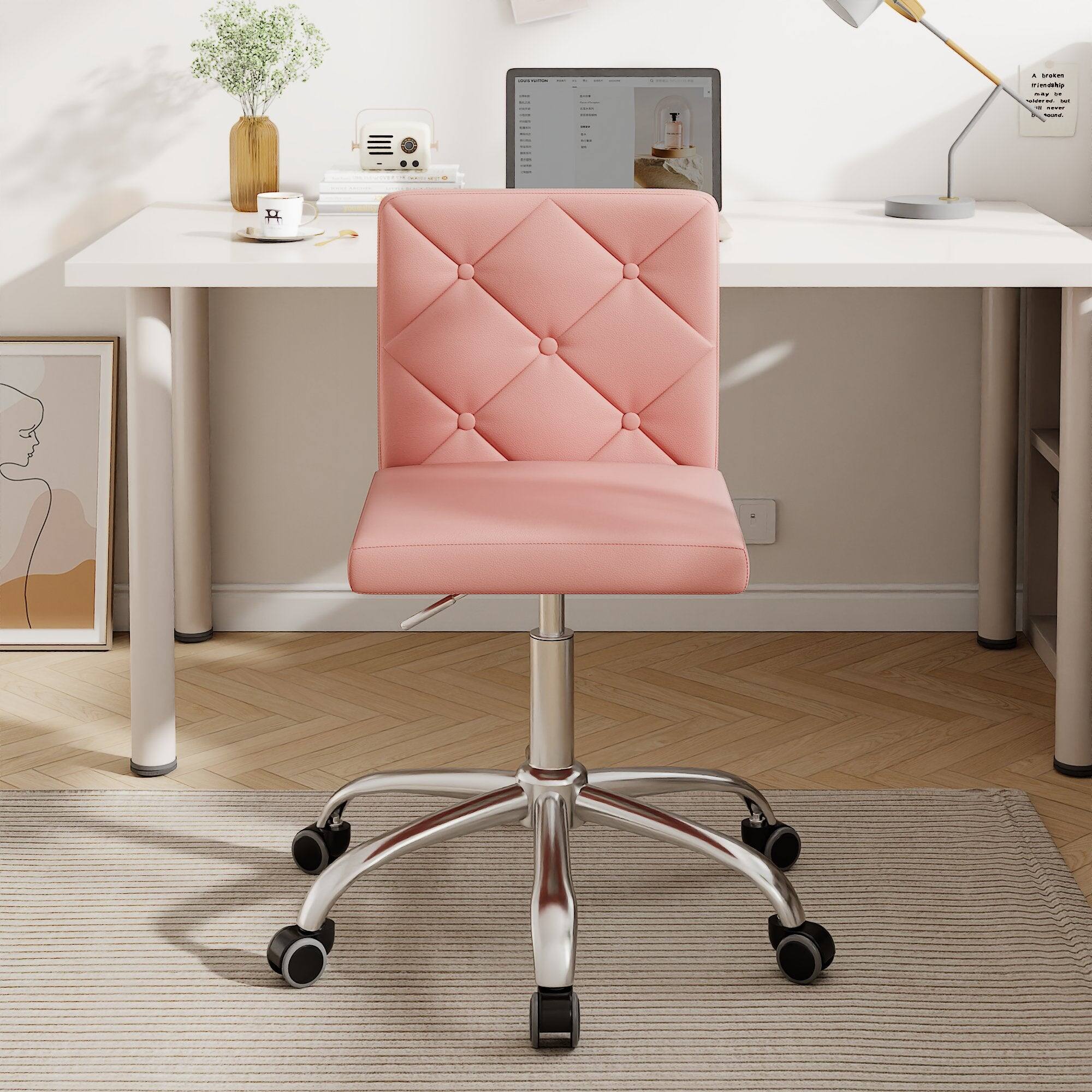 Alt View 1. Vecelo - Pink PU Leather Armless Office Chair - 28-32 Inch Adjustable Height Task Chair, Ergonomic Computer Chair with Wheels - Pink.