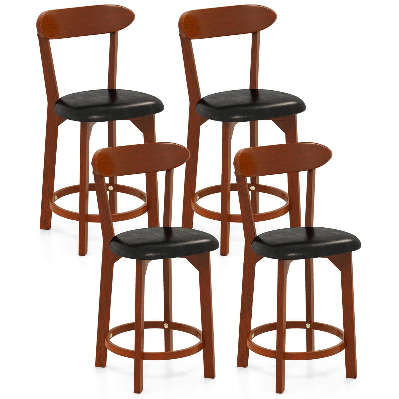 Costway - 23.5" Bar Stool Set of 4 with Curved Backrest & Footrest Counter Height Stools - Walnut,Black