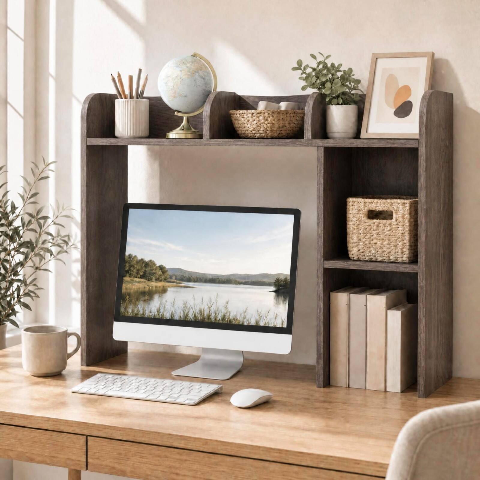 Alt View 3. Costway - Costway Desk Bookshelf Desktop Storage Shelf for Monitors up to 27" with Anti-tip Kits Gray - Gray.