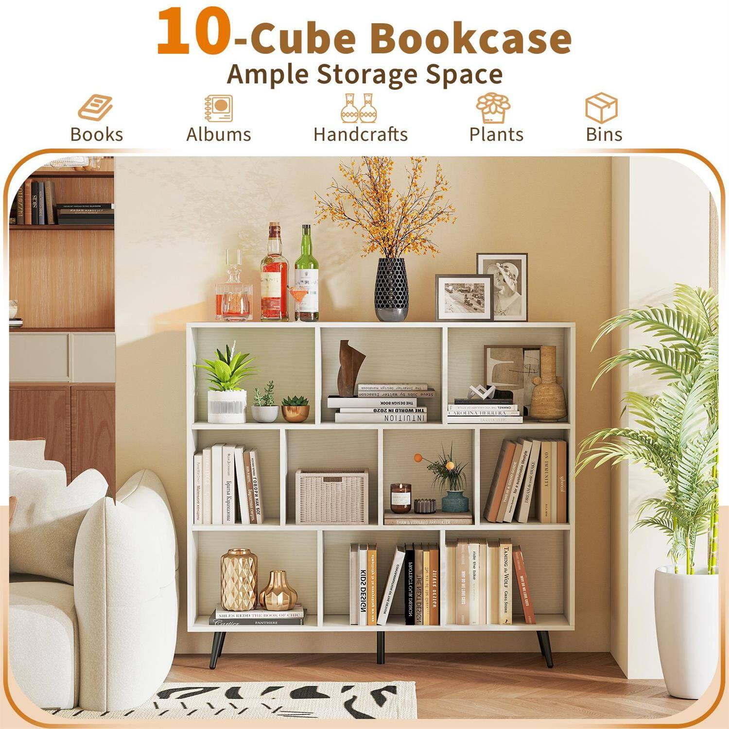 10-Cube Bookcase  
Ample Storage Space  
Books  
Albums  
Handcrafts  
Plants  
Bins  

- HLEN  
- BER  
- 10M  
- INTUITION XV  
- EAN  
- V A.  
- Sot  
- I KIDS  
- SuE  
- 1 | aUna  
- 1O0 Ho  
- IRL SrPE  
- I e TAMTS  
- ENE PIAD