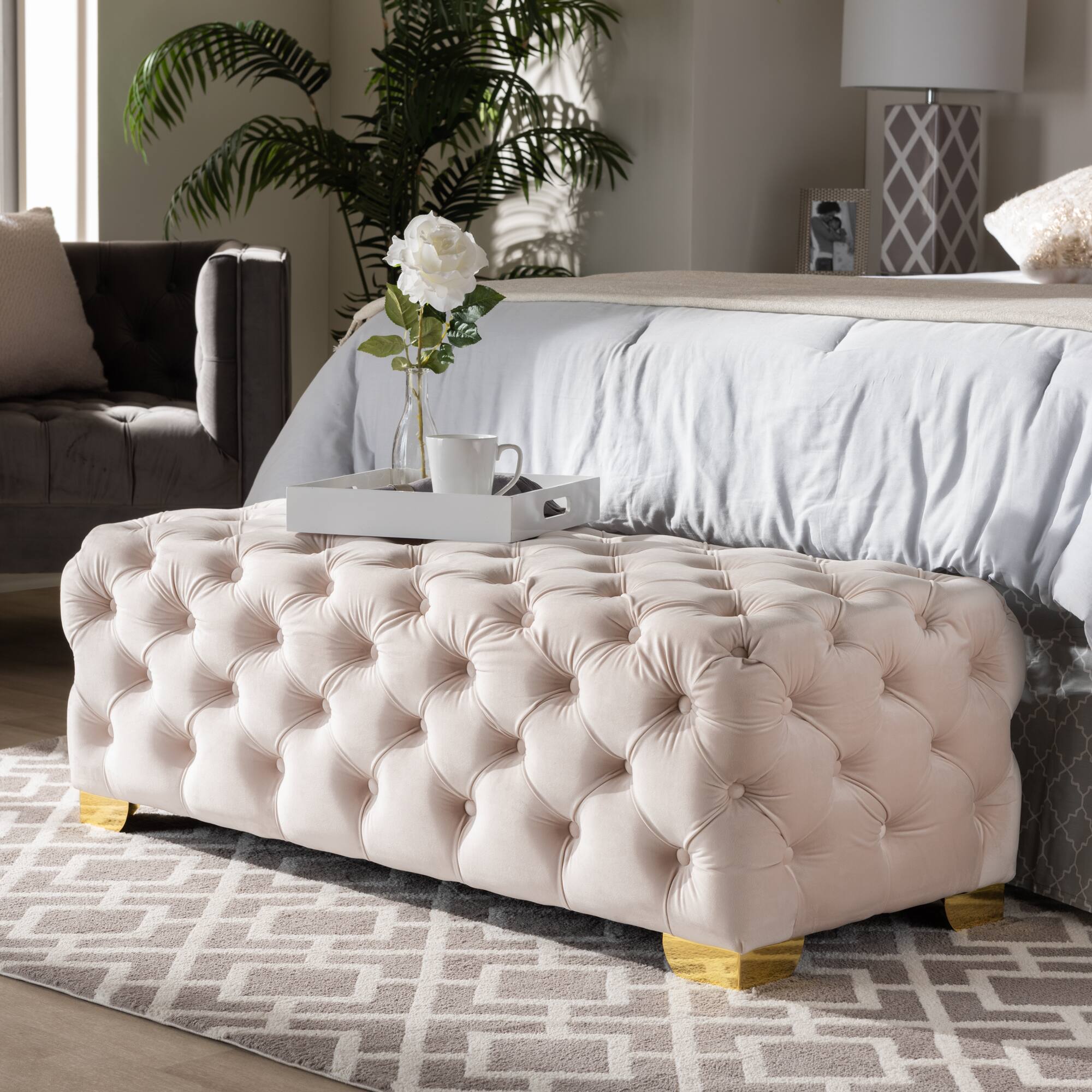 Alt View 2. Baxton Studio - Avara Glam and Luxe Velvet Fabric Upholstered Gold Finished Button Tufted Bench Ottoman - Light Beige/Gold.