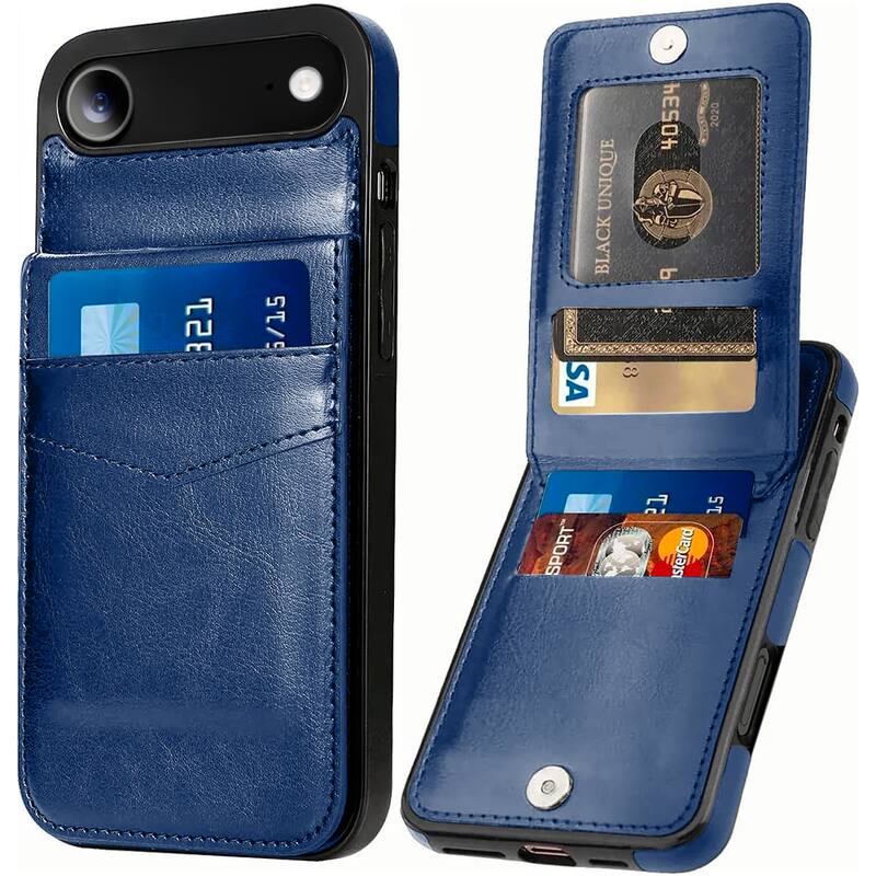Entronix - Case for iPhone 17 Air - Slim Leather Wallet with 6 Card Slots - Navy Blue