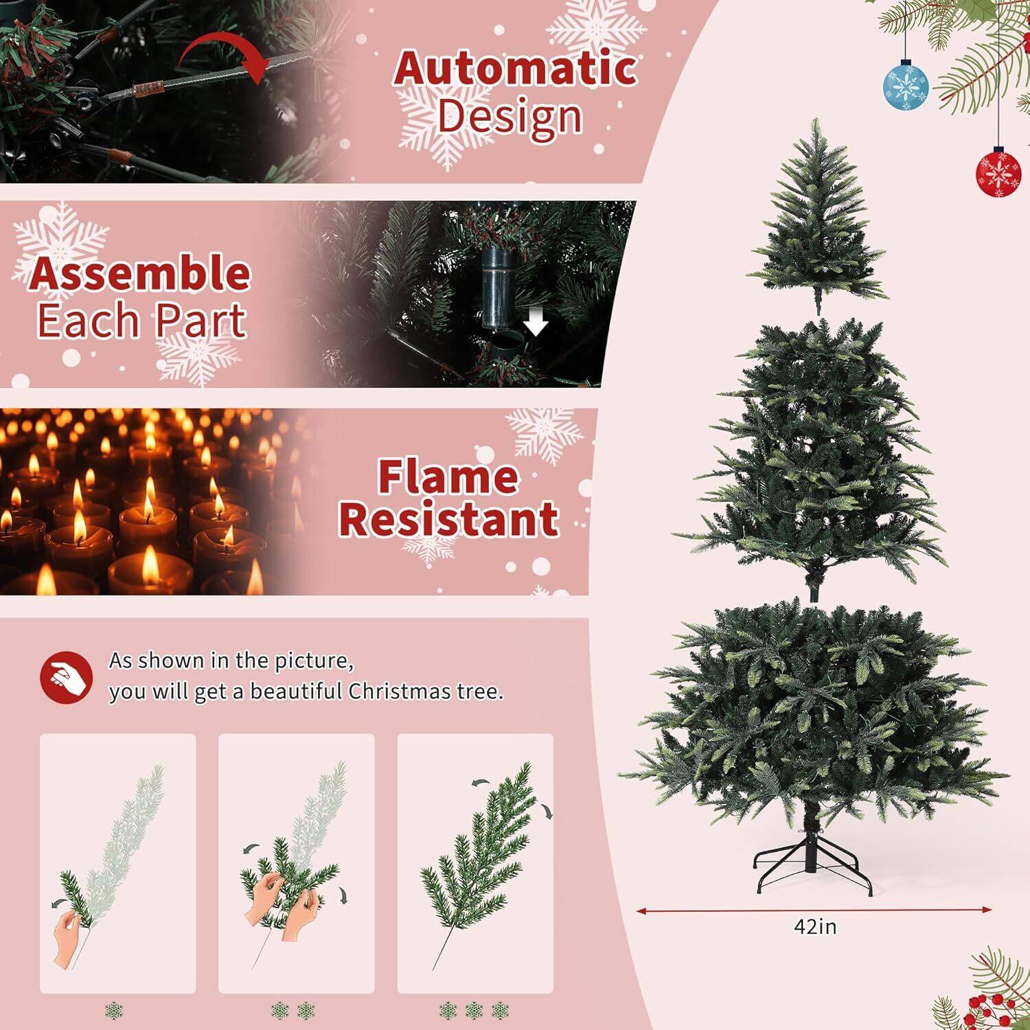 Automatic Design  
Assemble Each Part  
Flame Resistant  

As shown in the picture, you will get a beautiful Christmas tree.  

42in