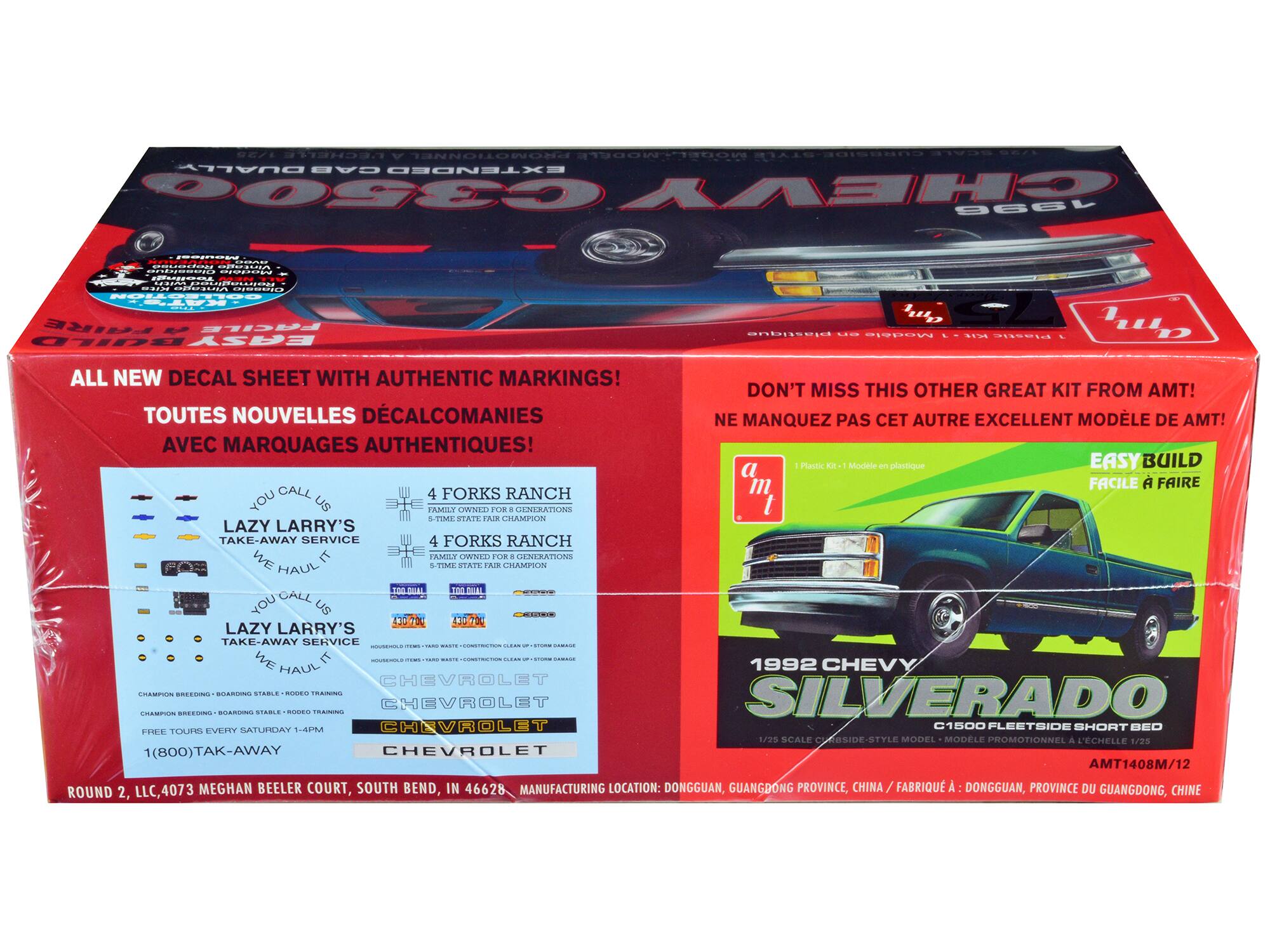 Sure, here is the corrected and grouped text from the image:

---

**Front Side:**

- **AMT 1408M / 12**
- **1992 CHEVY SILVERADO**
- **C1500 FLEETSIDESHORT BED**
- **1/25 SCALE**
- **CHINE / FABRIQUÉ À : DONGGUAN, PROVINCE DU GUANGDONG, CHINE**
- **EASY BUILD**
- **FACILE À FAIRE**
- **DON'T MISS THIS OTHER GREAT KIT FROM AMT!**
- **NE MANQUEZ PAS CET AUTRE EXCELLENT MODÈLE DE AMT!**
- **ALL NEW DECAL SHEET WITH AUTHENTIC MARKINGS!**
- **TOUTES NOUVELLES DÉCALCOMANIES AVEC MARQUAGES AUTHENTIQUES!**
- **1 Plastic Kit - 1/25 Scale**
- **Model en plastique**

---

**Back Side:**

- **LAZY LARRY'S TAKE-AWAY SERVICE**
- **YOU CALL US WE HAUL IT**
- **CHAMPION BREEDING - BOARDING STABLE - R