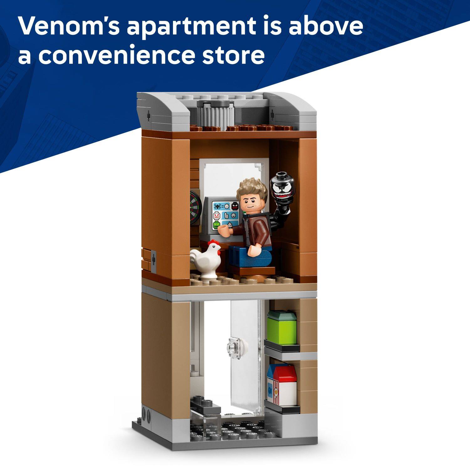 Venom's apartment is above a convenience store.
