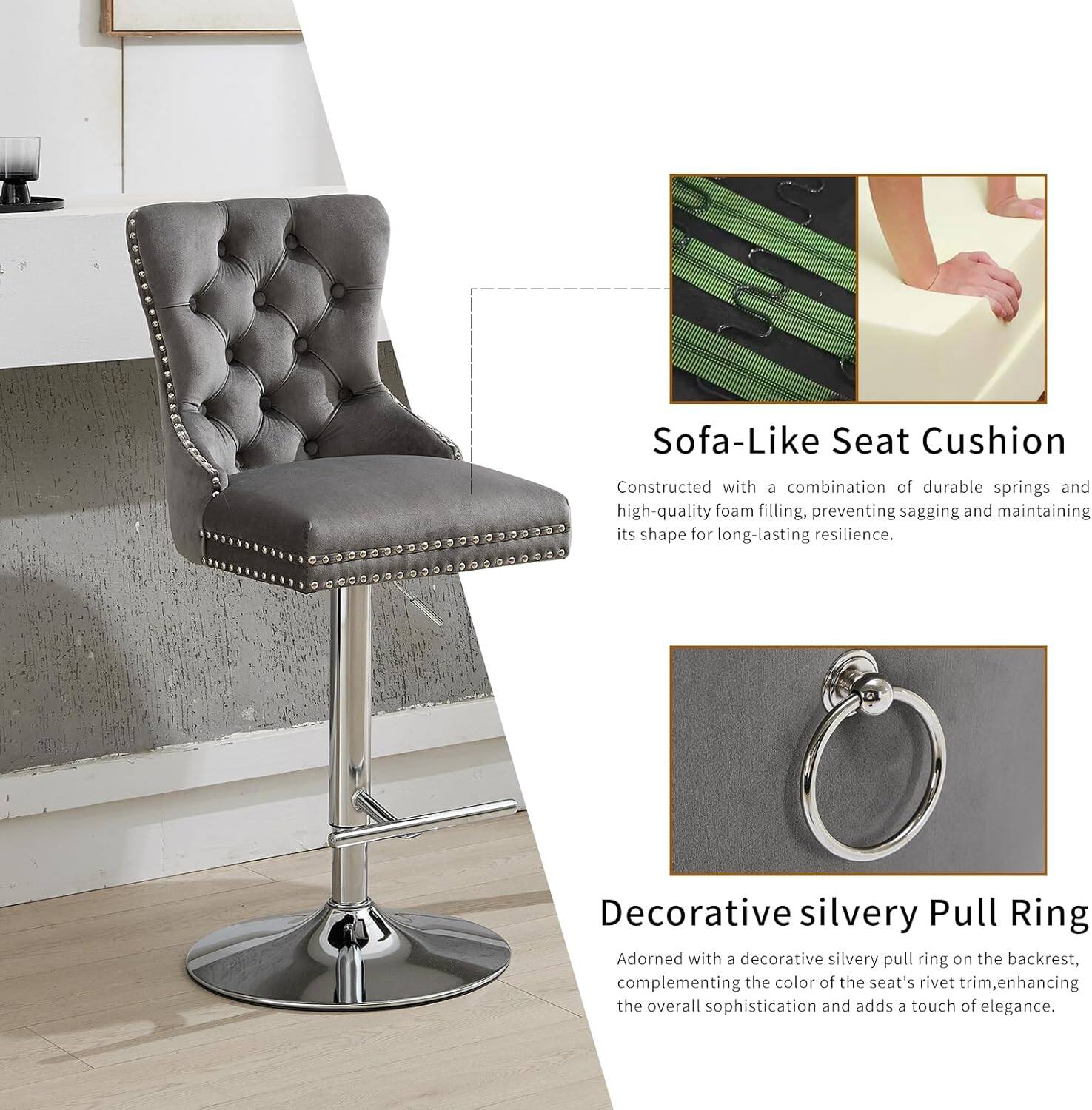 Sofa-Like Seat Cushion  
Constructed with a combination of durable springs and high-quality foam filling, preventing sagging and maintaining its shape for long-lasting resilience.

Decorative Silvery Pull Ring  
Adorned with a decorative silvery pull ring on the backrest, complementing the color of the seat's rivet trim, enhancing the overall sophistication and adding a touch of elegance.