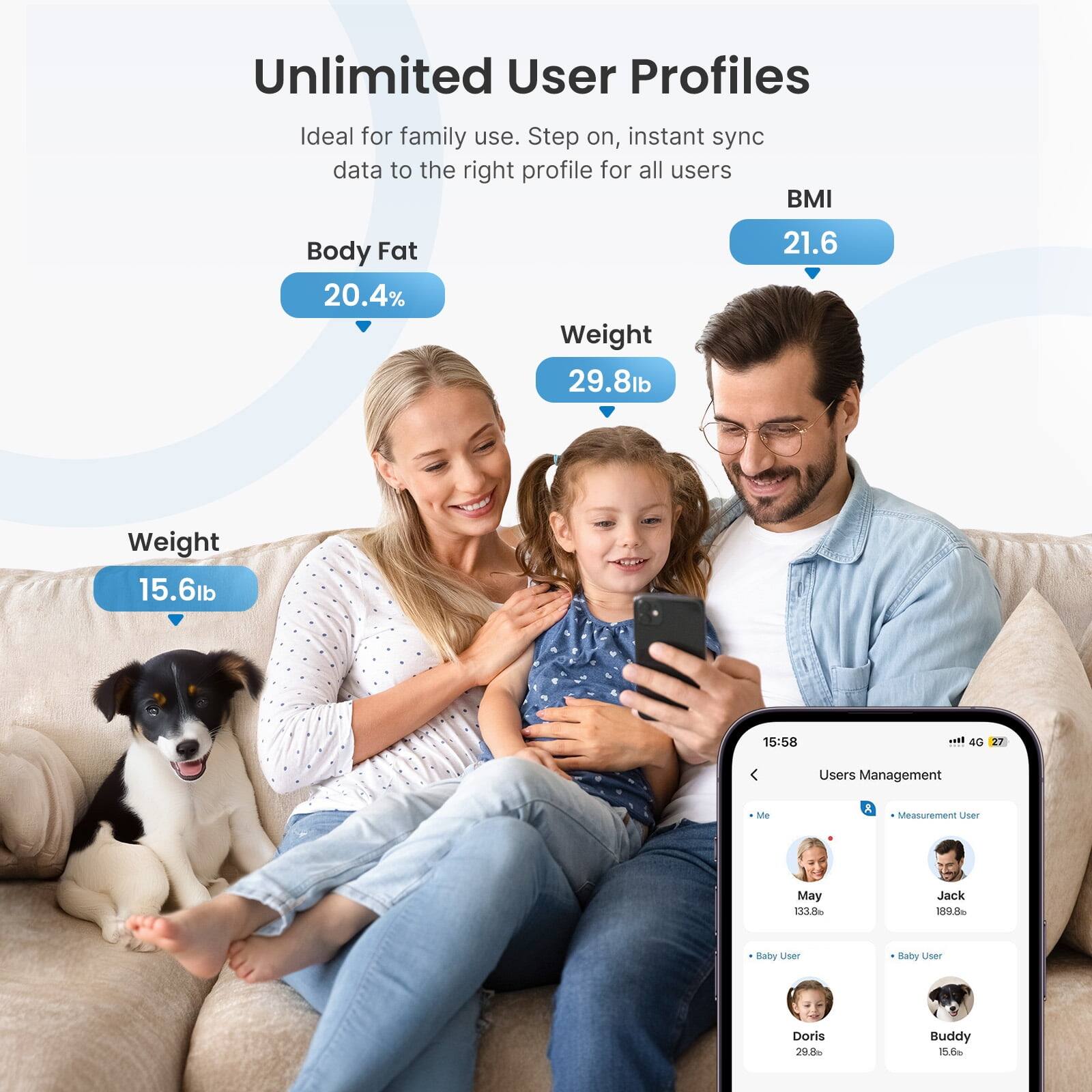Unlimited User Profiles  
Ideal for family use. Step on, instant sync data to the right profile for all users  

BMI: 21.6  
Body Fat: 20.4%  
Weight: 29.8lb  

Users Management  
Me: 133.0  
Measurement User: Jack 109.0  
Baby User: Doris 29.8  
Baby User: Buddy 15.6lb
