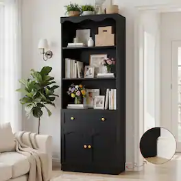Aheaplus - 27.5'' W Bookcase with Drawer and Doors, 80'' Tall Bookcase with 3-Tier Open Shelves - Black