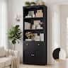 Aheaplus - 27.5'' W Bookcase with Drawer and Doors, 80'' Tall Bookcase with 3-Tier Open Shelves - Black