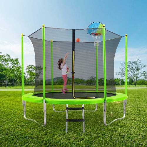 Front. DRONKON - 8 FT Trampoline with Safety Enclosure Net, Basketball Hoop and Ladder for Kids - Green.