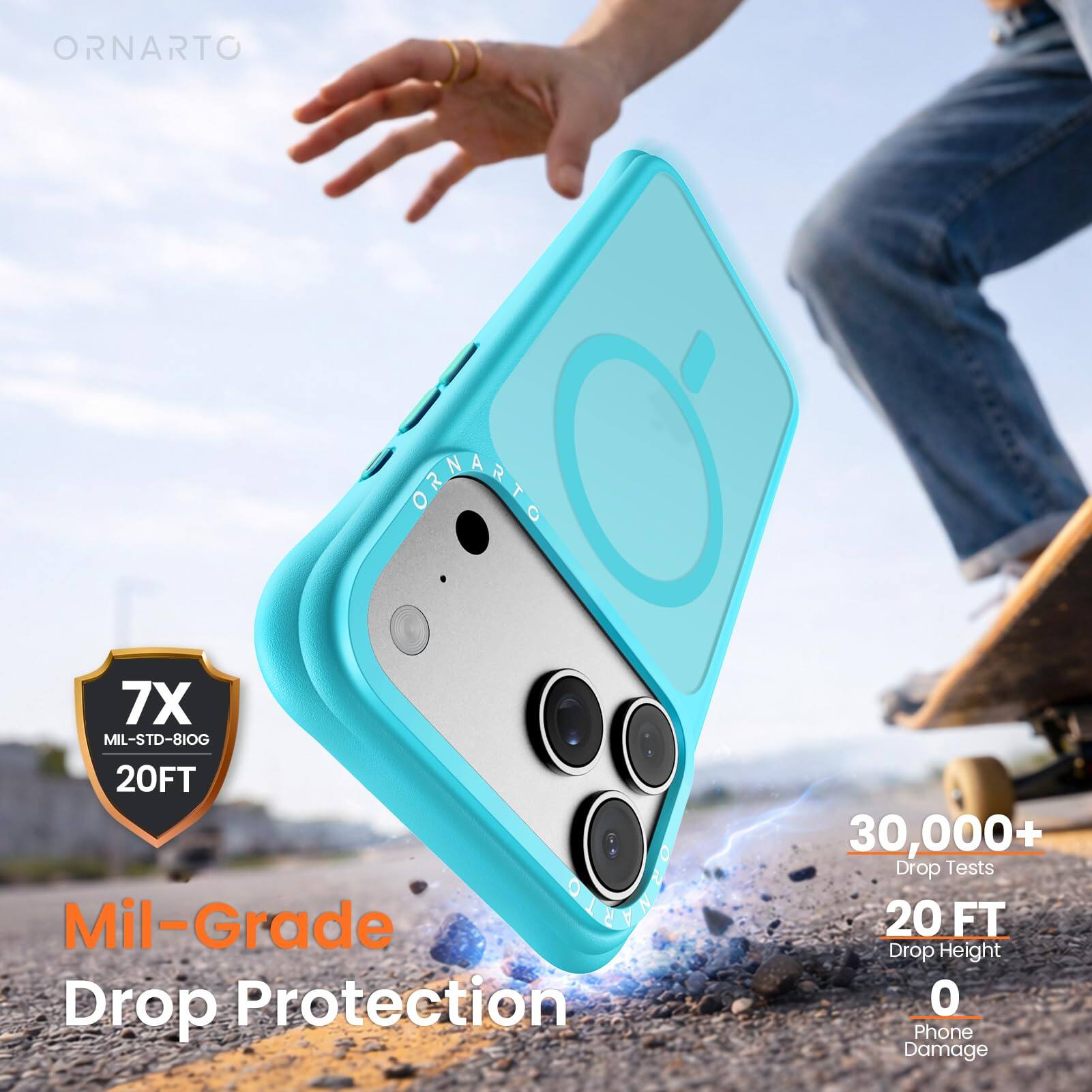 ORNARTO  
COMMER  
7X MIL-STD-810G 20FT Mil-Grade Drop Protection  
30,000+ Drop Tests 20 FT Drop Height 0 Phone Damage