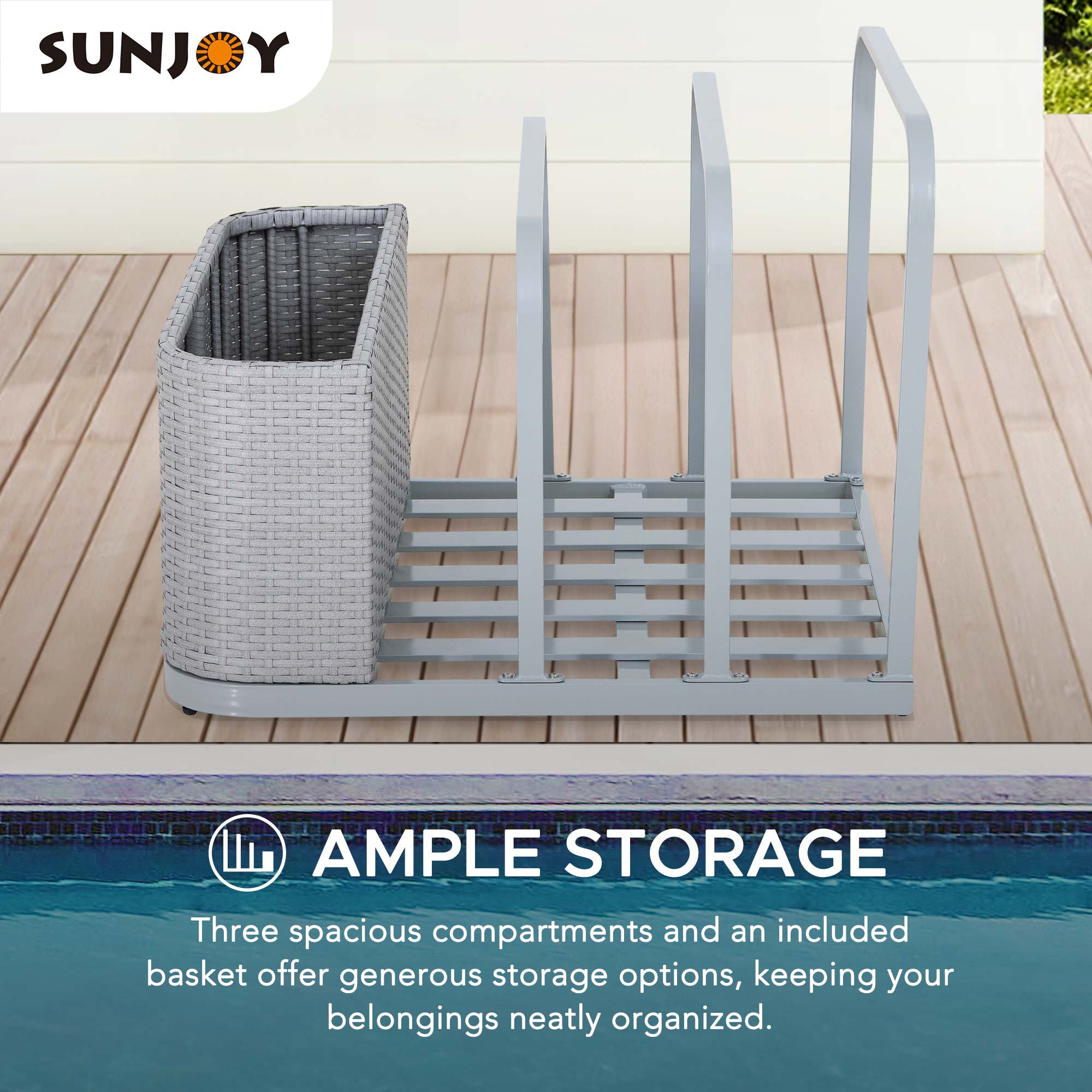 SUNJOY

AMPLE STORAGE

Three spacious compartments and an included basket offer generous storage options, keeping your belongings neatly organized.