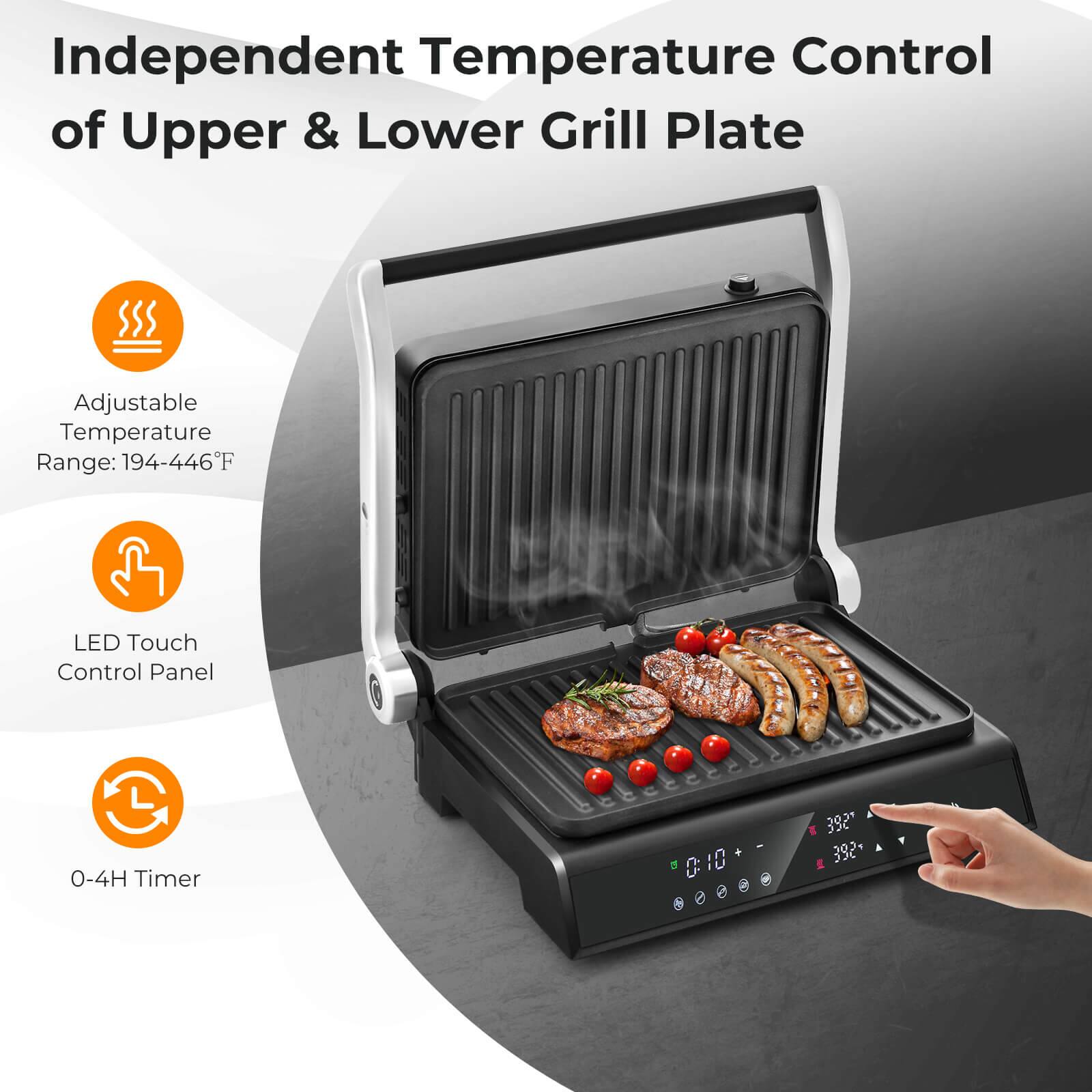The image features a grill with a person pointing at it. The grill has an adjustable temperature range of 194-446F and is equipped with a LED touch control panel. The grill also has a 0-4H timer, making it a versatile and convenient appliance for cooking.