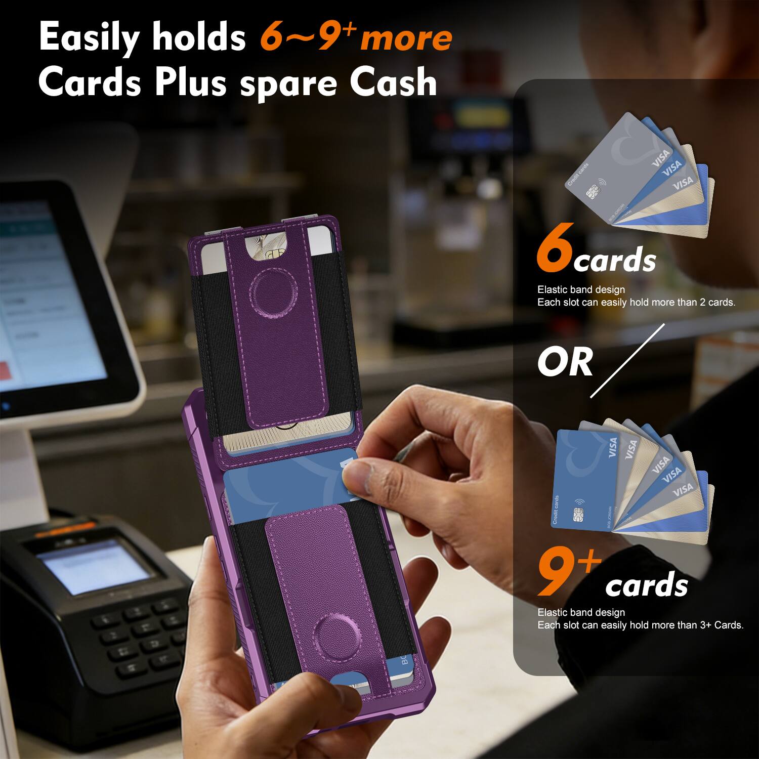 Easily holds 6~9+ more Cards Plus spare Cash

6 cards
Elastic band design
Each slot can easily hold more than 2 cards.

OR

9+ cards
Elastic band design
Each slot can easily hold more than 3+ Cards.
