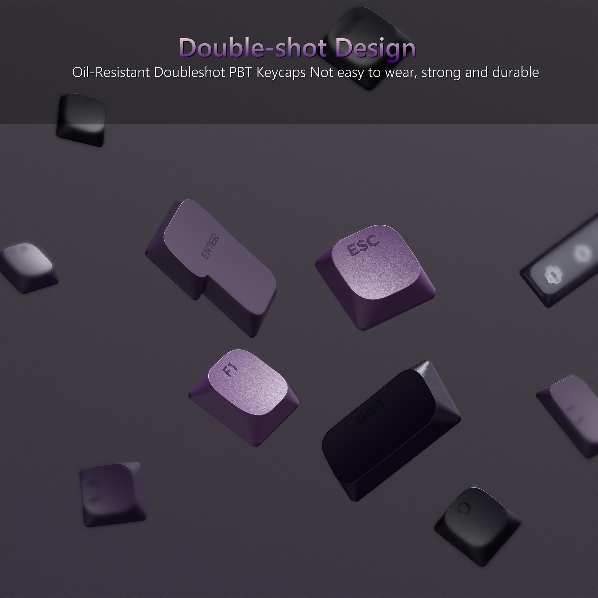 Double-shot Design  
Oil-Resistant Doubleshot PBT Keycaps  
Not easy to wear, strong and durable  

ENTER  
ESC  
F1  
SHIFT