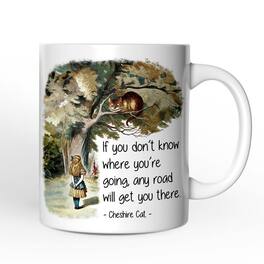 OrnamentallyYou - Getting Lost Cheshire Cat Quote Mug, Vintage Alice's Adventures in Wonderland - White