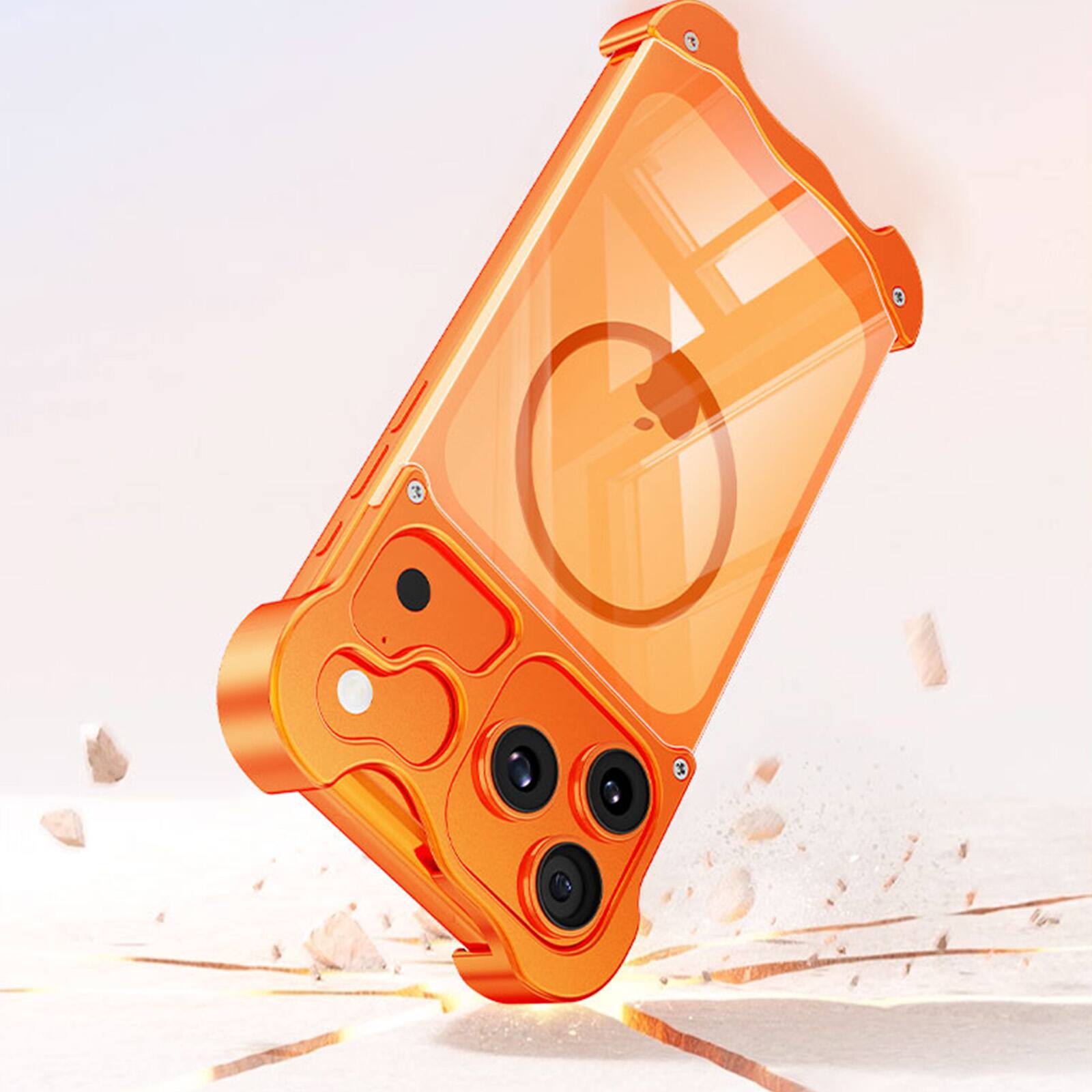 Left. Dteck - Magnetic Clear Hard PC Case for Apple iPhone 17 Pro, Aluminum Metal Bumper Shockproof Slim Reinforced Corner Phone Cover - Orange.