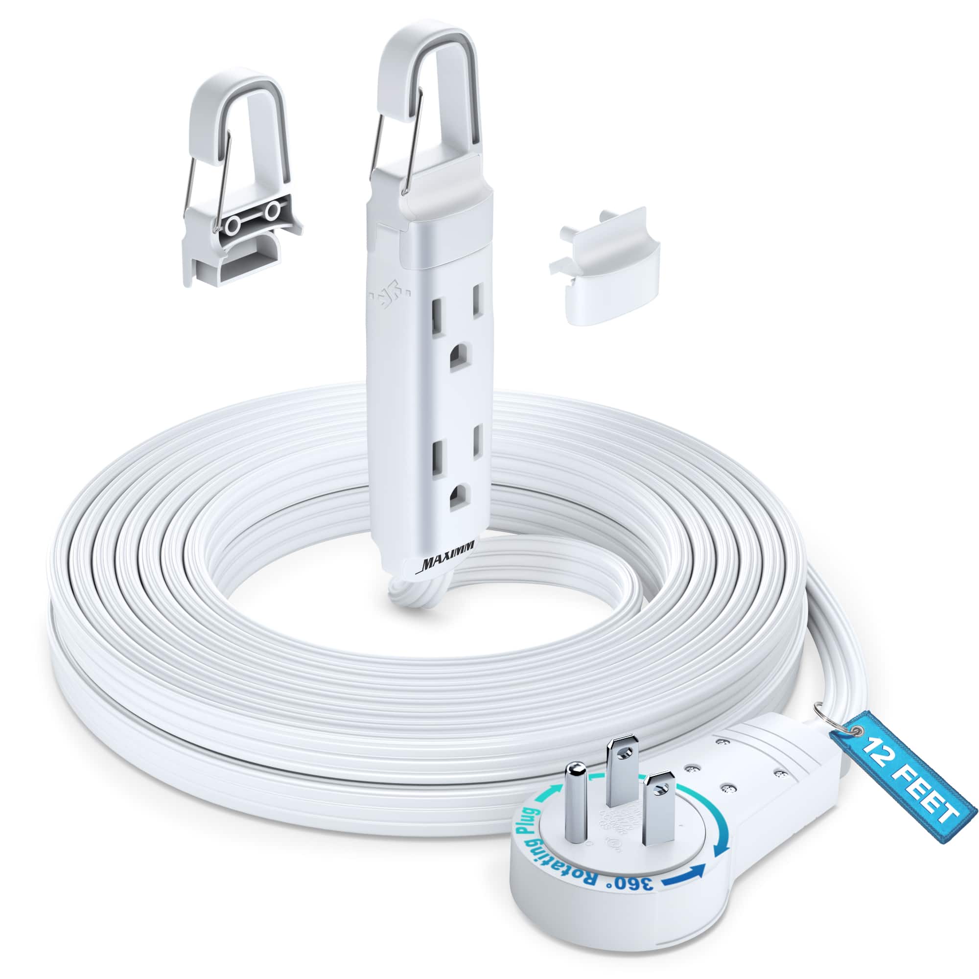 Maximm - 360° Rotating Flat Plug Extension Cord with a Removable Hook, Extension Cord 12 ft (16 Gauge) UL Certified - White