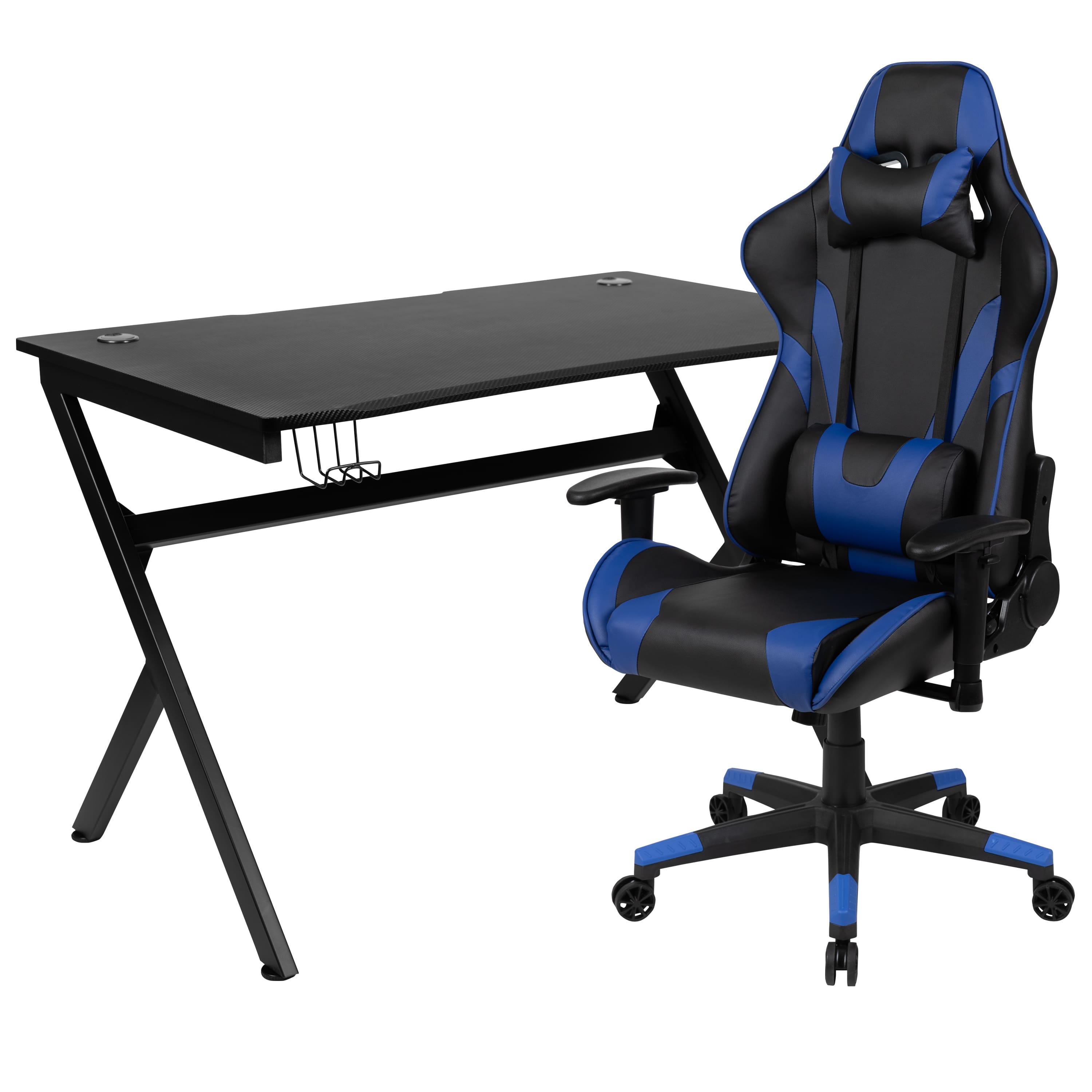 Emma + Oliver - Gaming Bundle-Desk, Cup Holder/Headphone Hook & Reclining Chair - Blue