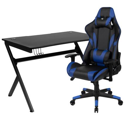 Front. Emma + Oliver - Gaming Bundle-Desk, Cup Holder/Headphone Hook & Reclining Chair - Blue.