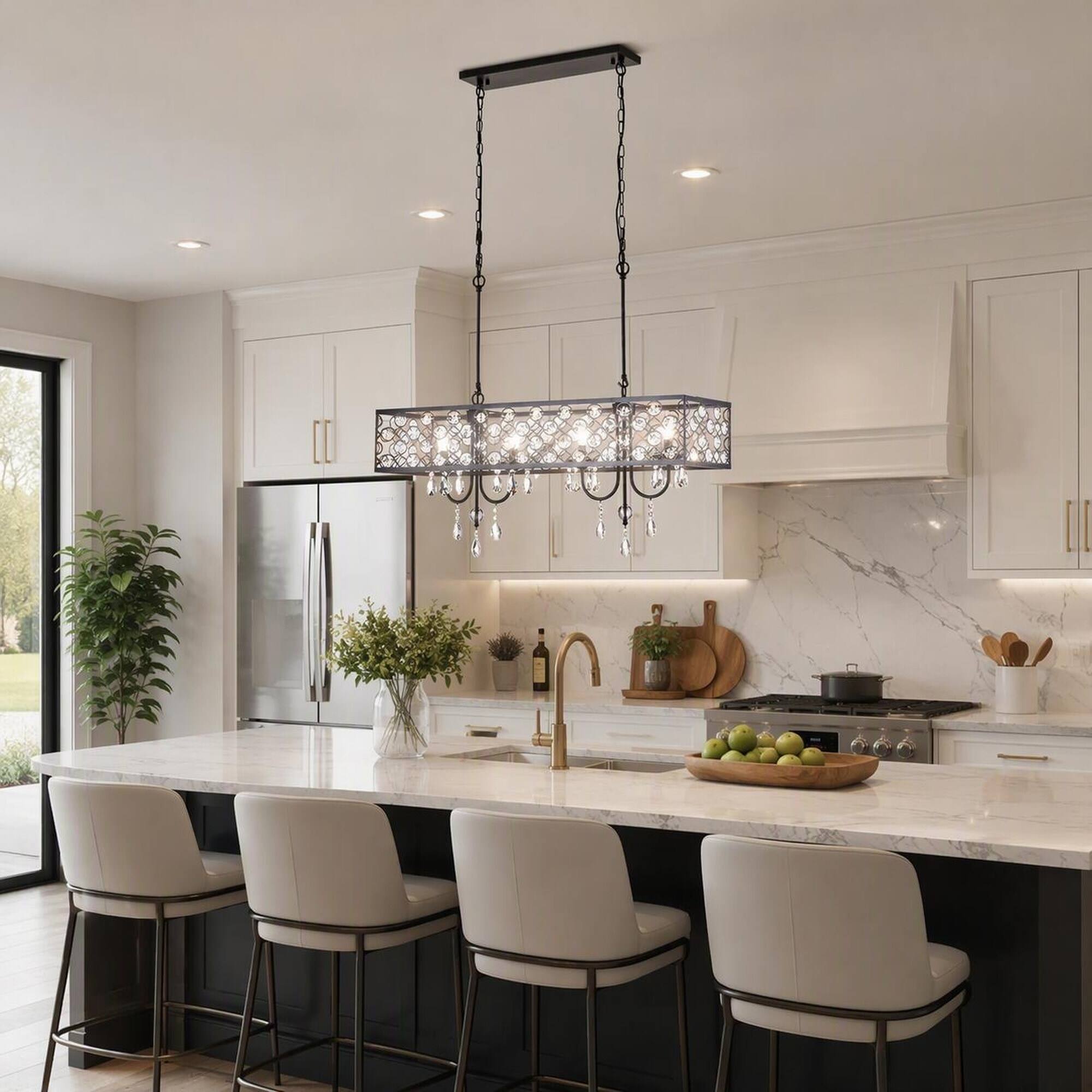Angle. RYHNUYNE - 4-Light Black Rectangle Crystal Chandelier, Adjustable Raindrop Beaded Ceiling Fixture E12 Base - Black.