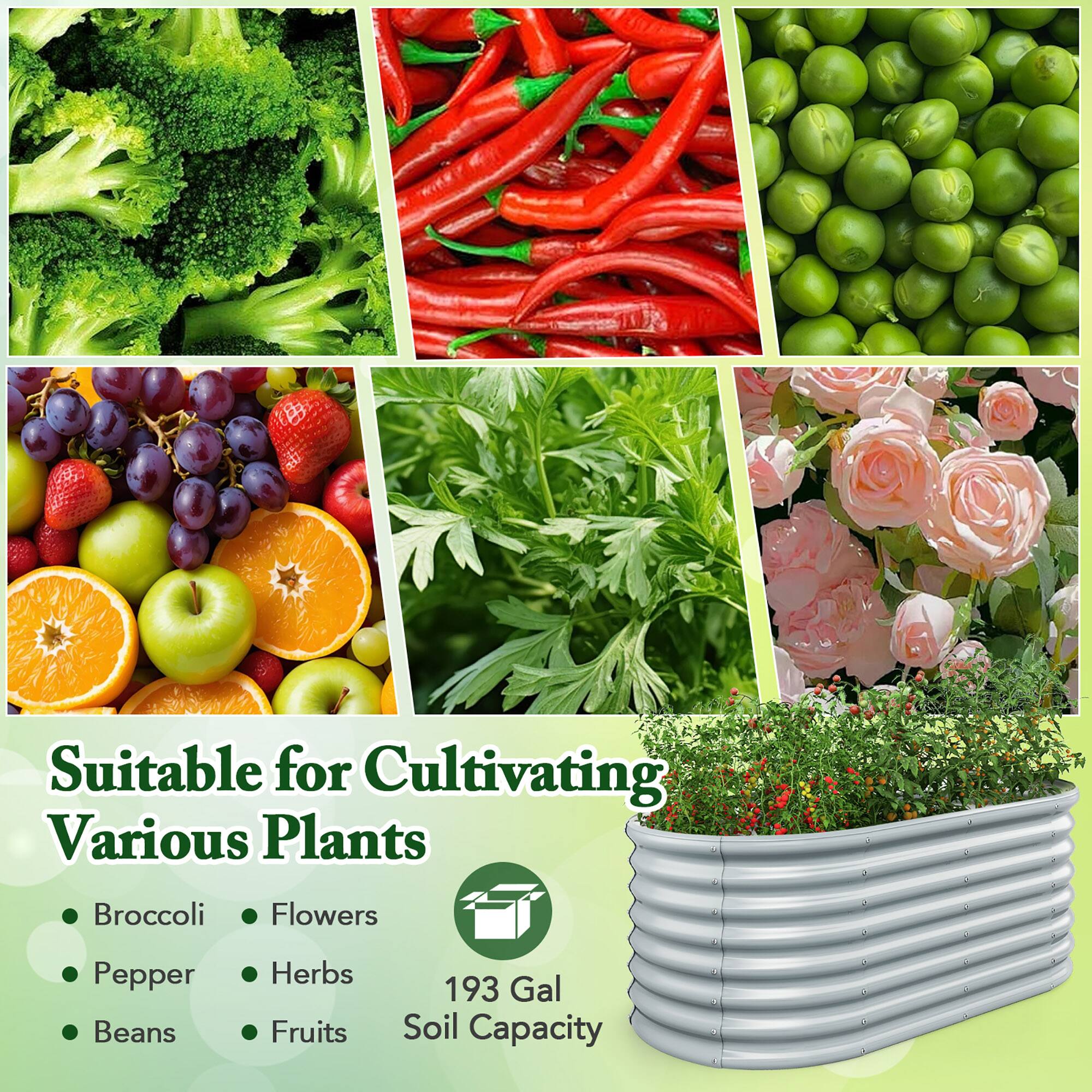 Suitable for Cultivating Various Plants

- Broccoli
- Pepper
- Beans
- Flowers
- Herbs
- Fruits

193 Gal Soil Capacity