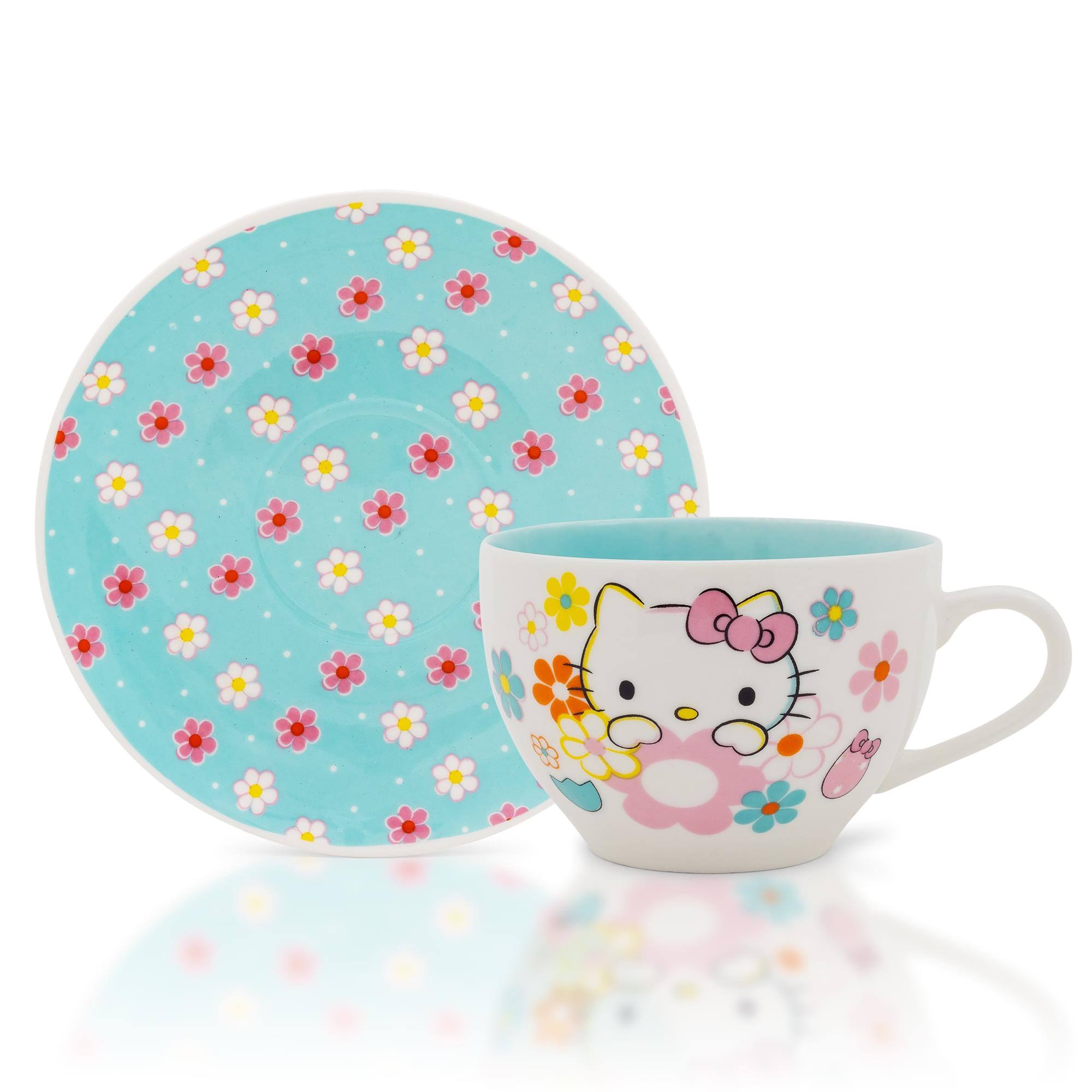 Front. Silver Buffalo - Sanrio Hello Kitty Floral Bone China Teacup and Saucer Set | Holds 7 Ounces - Blue.