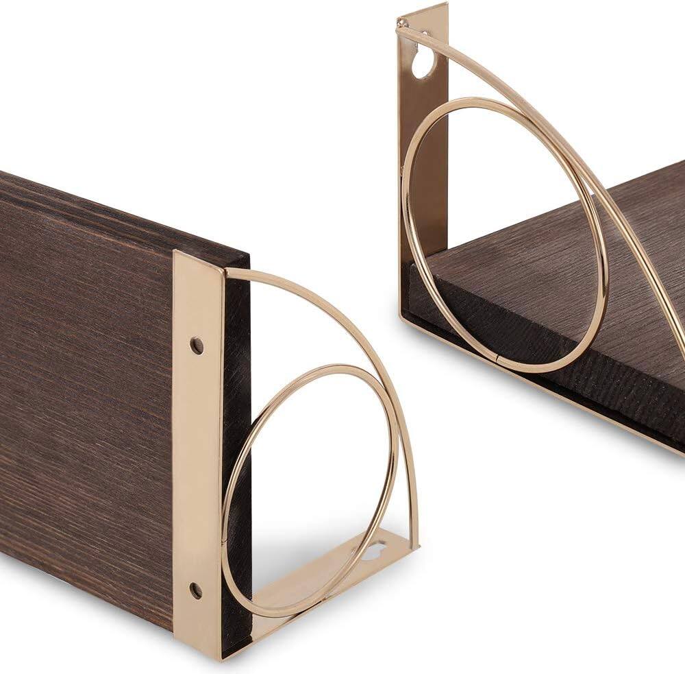 Back. Oumilen - 3 Pack Floating Wall Shelves – Rustic Wood Shelves with Golden Circle Brackets, 3 Sizes - Rustic Brown.