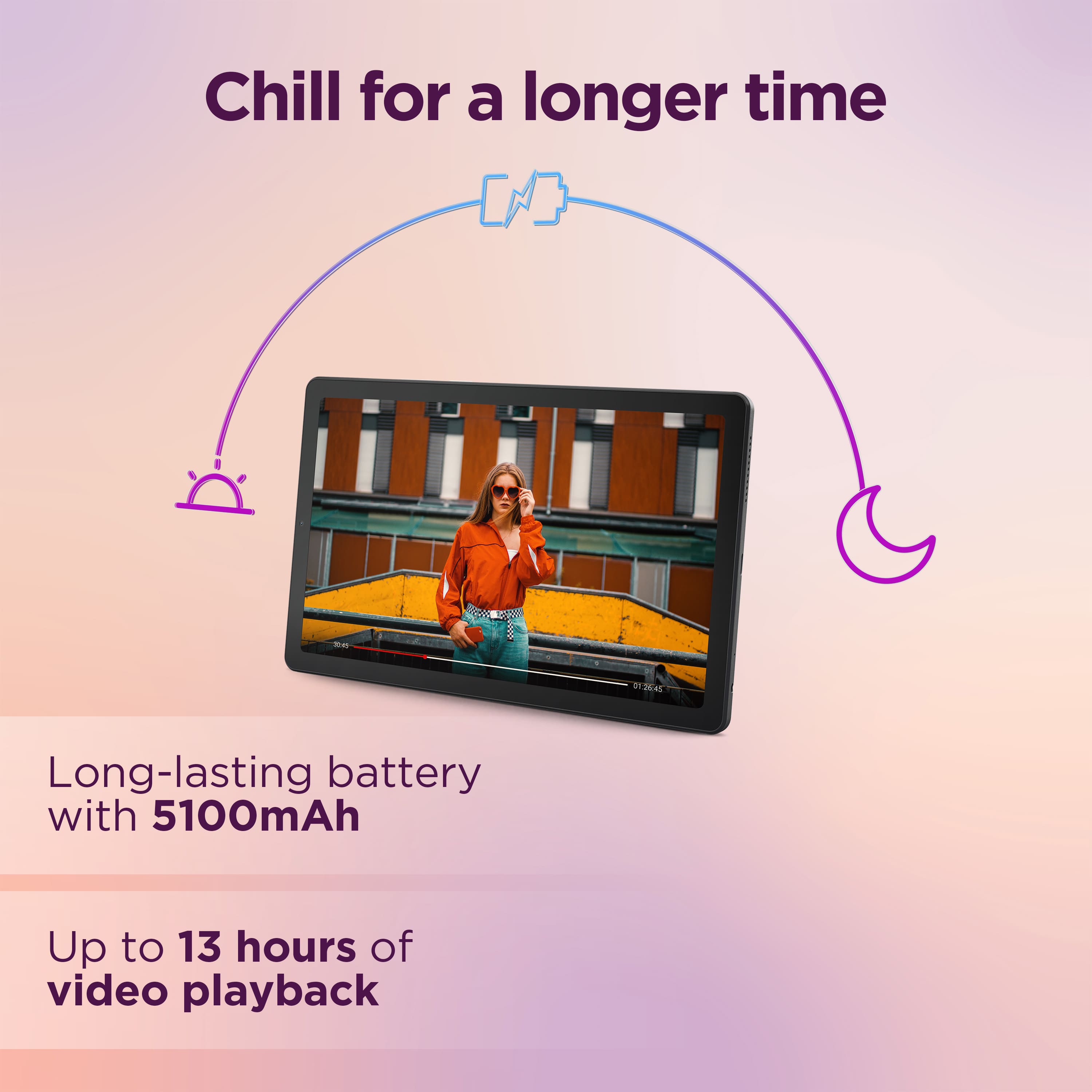 Chill for a longer time: 313645 Long-lasting battery with 5100mAh Up to 13 hours of video playback
