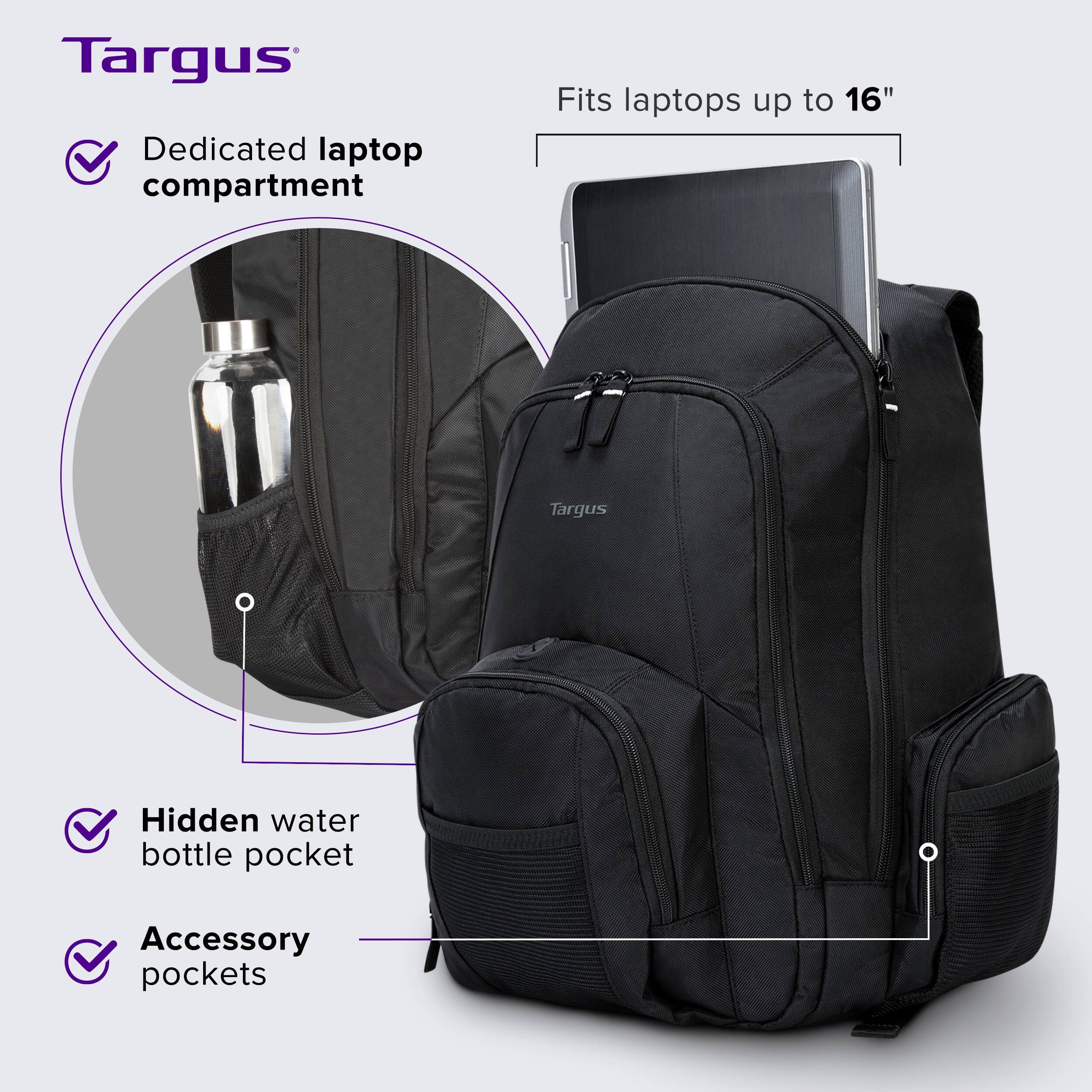 Targus Dedicated laptop compartment Fits laptops up to 16" Targus Hidden water bottle pocket Accessory pockets