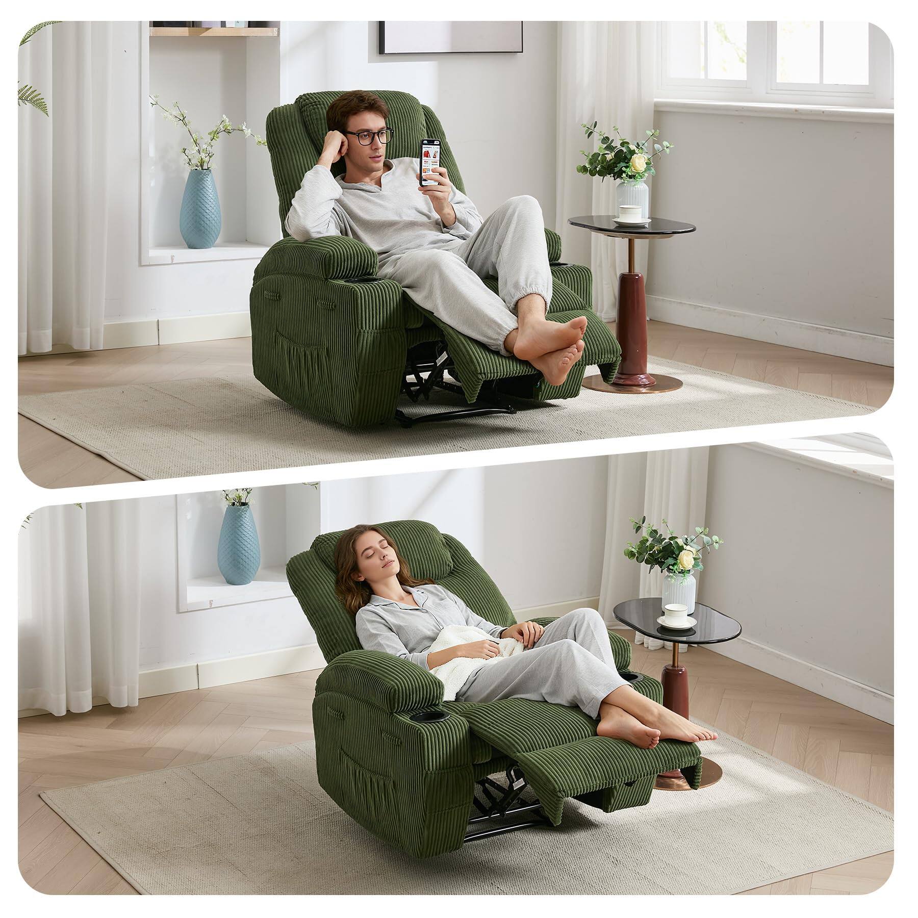Alt View 4. Acekool - Electric Recliner with Massage & Heat, 135° Adjustable Corduroy Chair with Cup Holders, Side Pockets - Green.