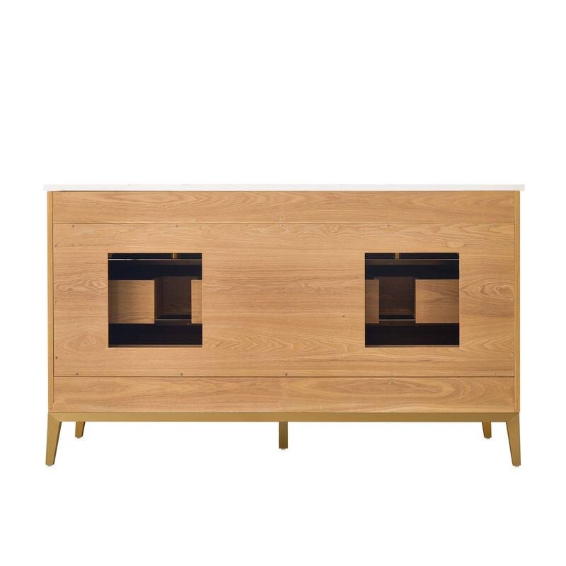 Alt View 5. WELLFOR - 60" Freestanding Solid Wood Bathroom Vanity with Carrara White Quartz Vanity Top & 6 Soft-Close Drawers and Backsplash - Oak.