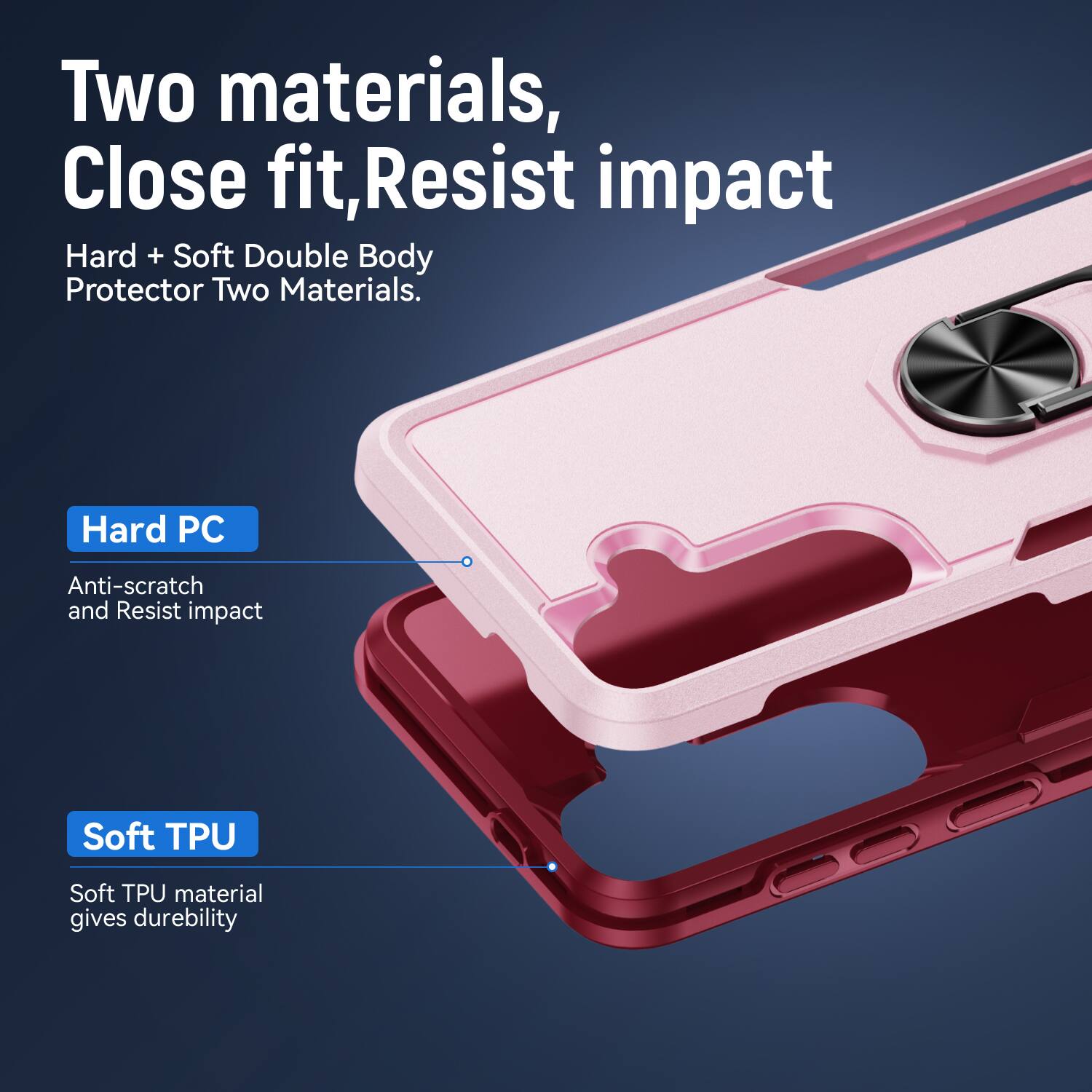 Two materials, Close fit, Resist impact  
Hard + Soft Double Body Protector Two Materials.  
Hard PC Anti-scratch and Resist impact  
Soft TPU Soft TPU material gives durability