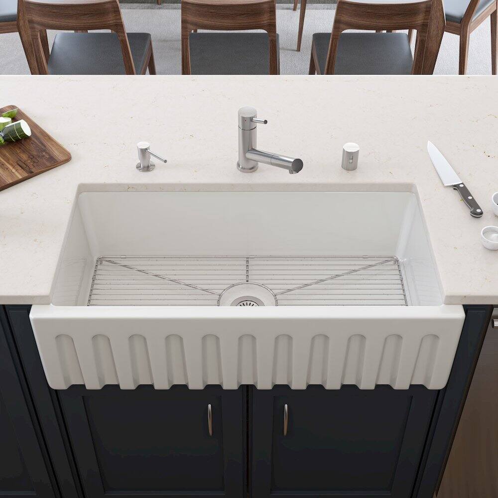Alt View 1. Alfi - 36 inch White Reversible Smooth / Fluted Single Bowl Fireclay Farm Sink - White.