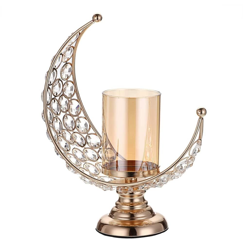 MOSZAR LLC - Gold Moon Crystal Candle Holder, Tealight Stand with Glass Cover