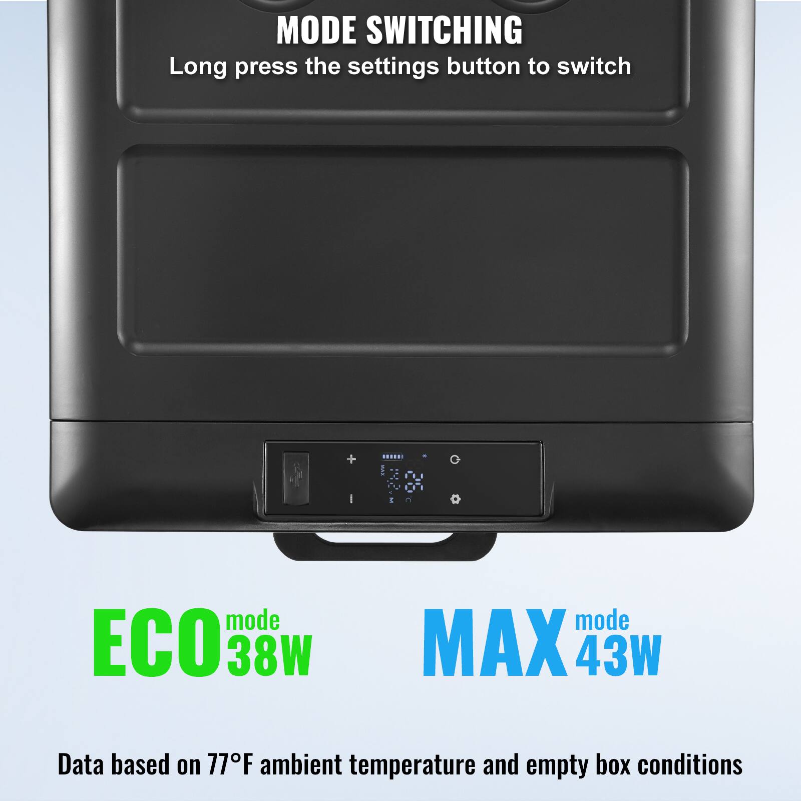MODE SWITCHING
Long press the settings button to switch
ECO mode 38W
MAX mode 43W
Data based on 77°F ambient temperature and empty box conditions